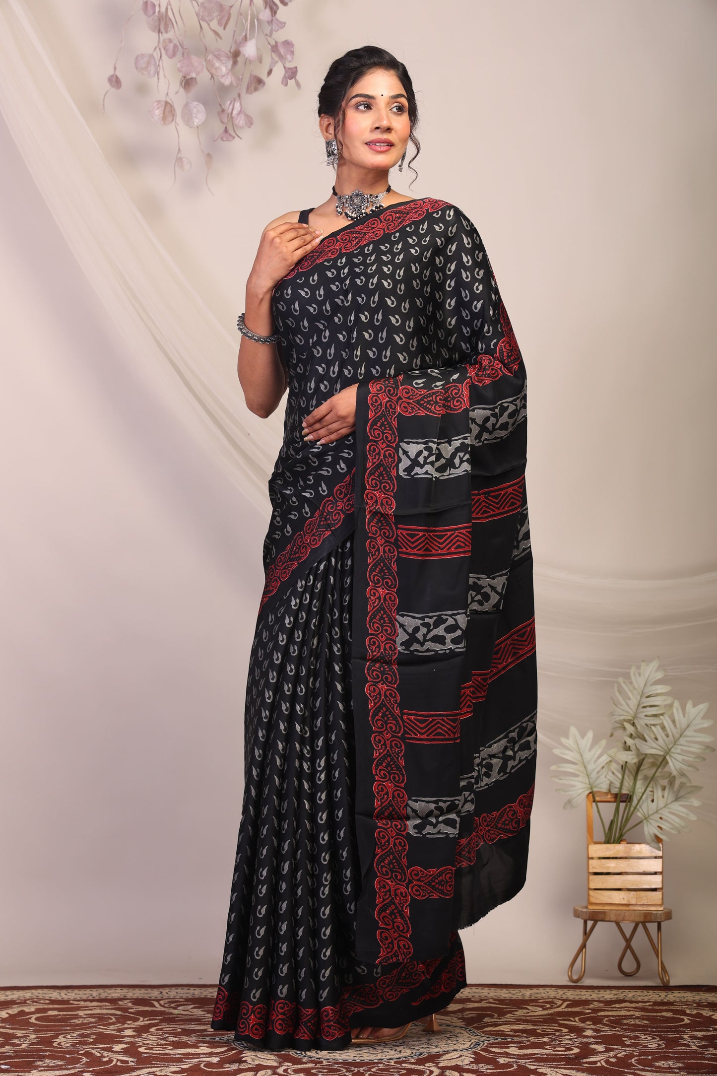 Anuttara Bhagalpuri Black & Grey Modal Silk Hand Block Saree with Unstitched Blouse_AFS1137-FS
