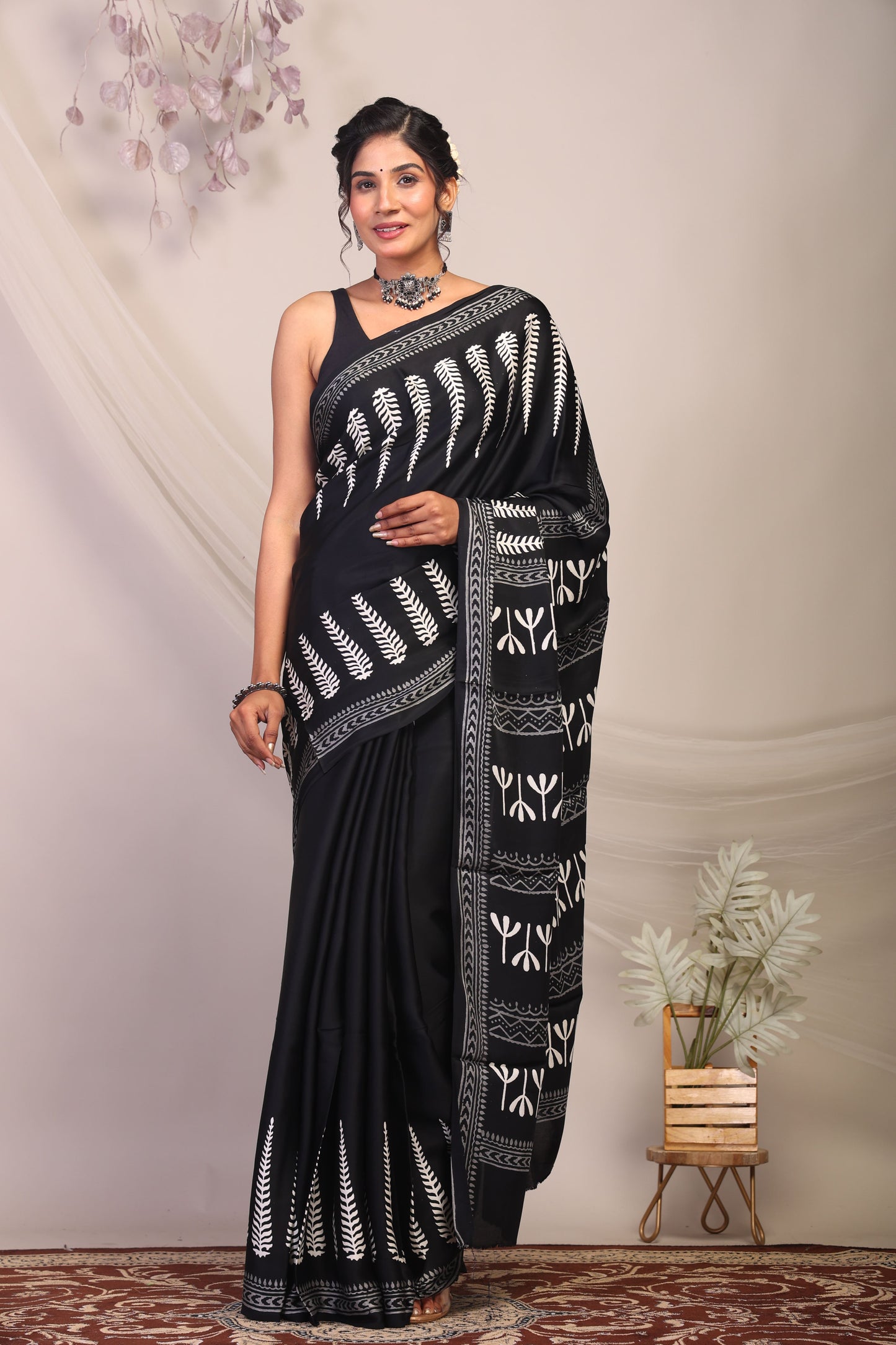 Anuttara Bhagalpuri Black & White Modal Silk Botanical Prints Saree with Unstitched Blouse_AFS1138-FS