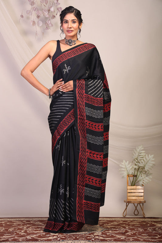 Anuttara Bhagalpuri Black & Grey Modal Silk Tribal Saree with Unstitched Blouse_AFS1139-FS
