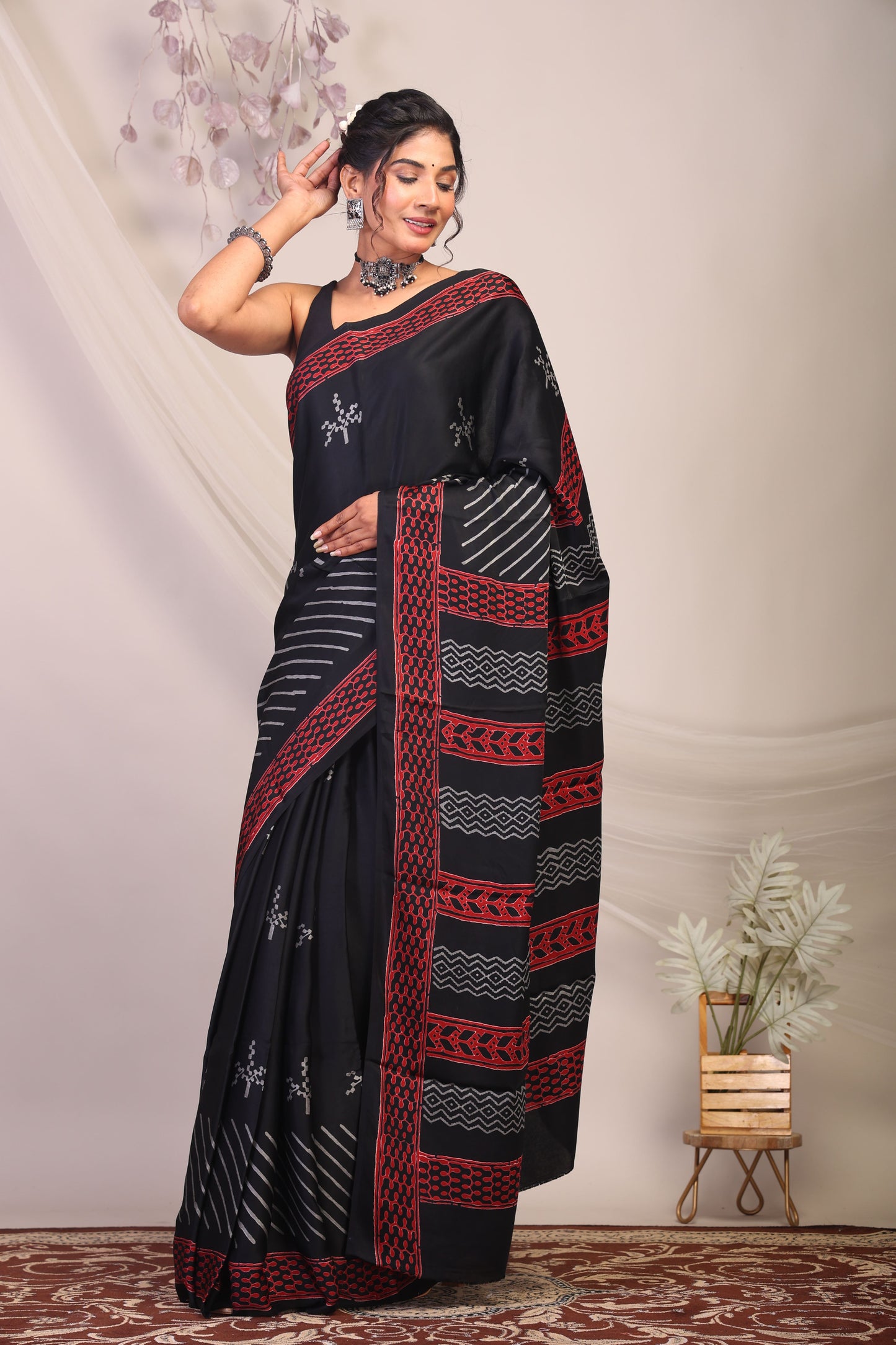 Anuttara Bhagalpuri Black & Grey Modal Silk Tribal Saree with Unstitched Blouse_AFS1139-FS