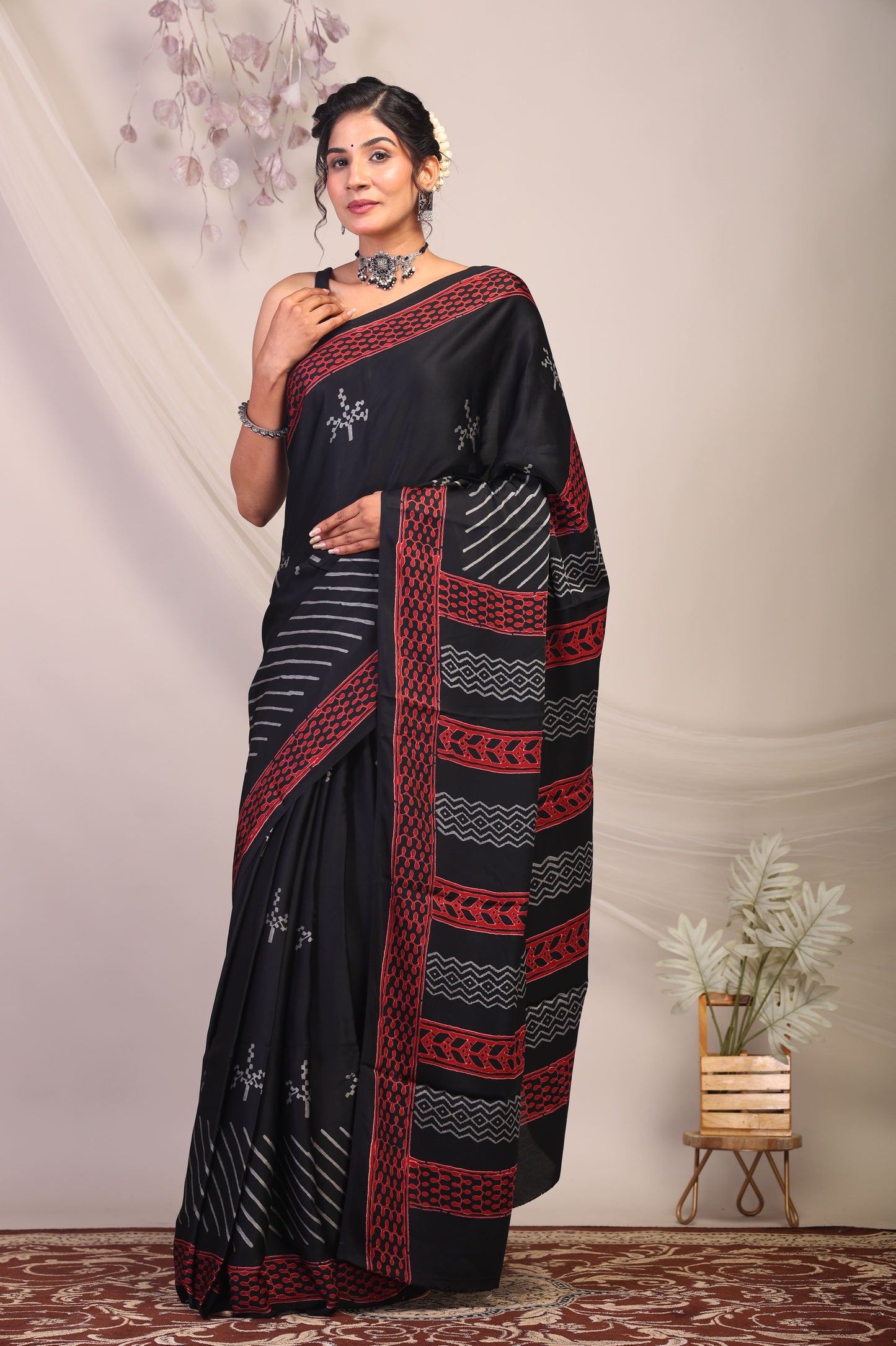 Anuttara Bhagalpuri Black & Grey Modal Silk Tribal Saree with Unstitched Blouse_AFS1139-FS