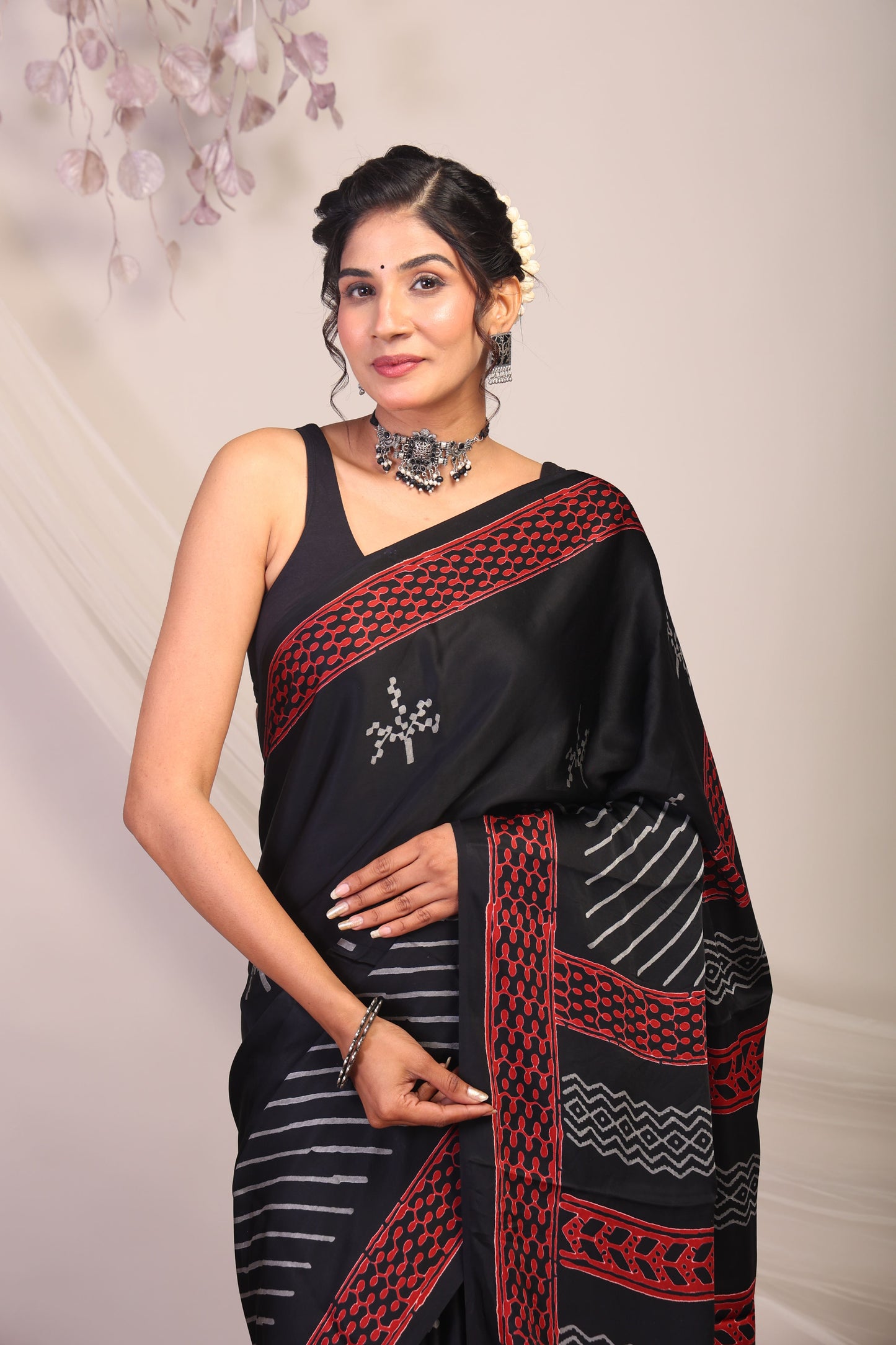 Anuttara Bhagalpuri Black & Grey Modal Silk Tribal Saree with Unstitched Blouse_AFS1139-FS