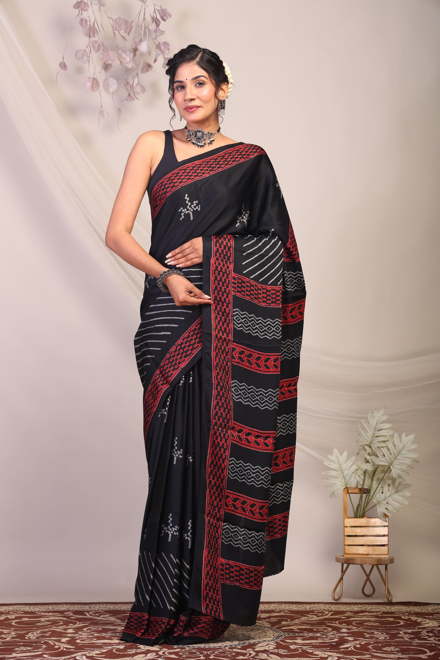 Anuttara Bhagalpuri Black & Grey Modal Silk Tribal Saree with Unstitched Blouse_AFS1139-FS