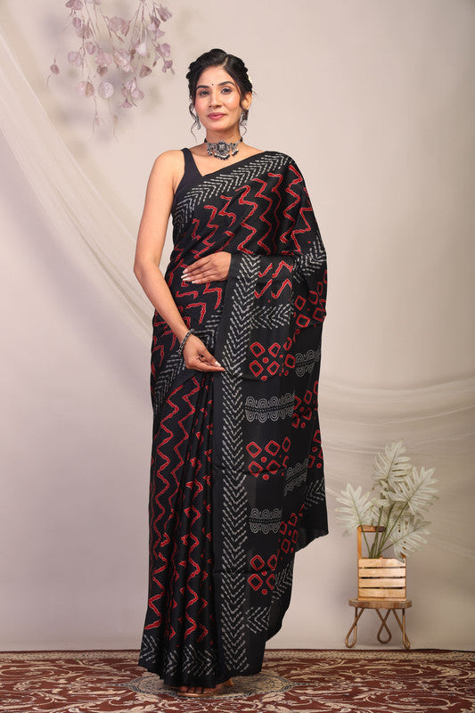 Anuttara Bhagalpuri Black & Red Modal Silk Chevron/Zig Zag Saree with Unstitched Blouse_AFS1140-FS