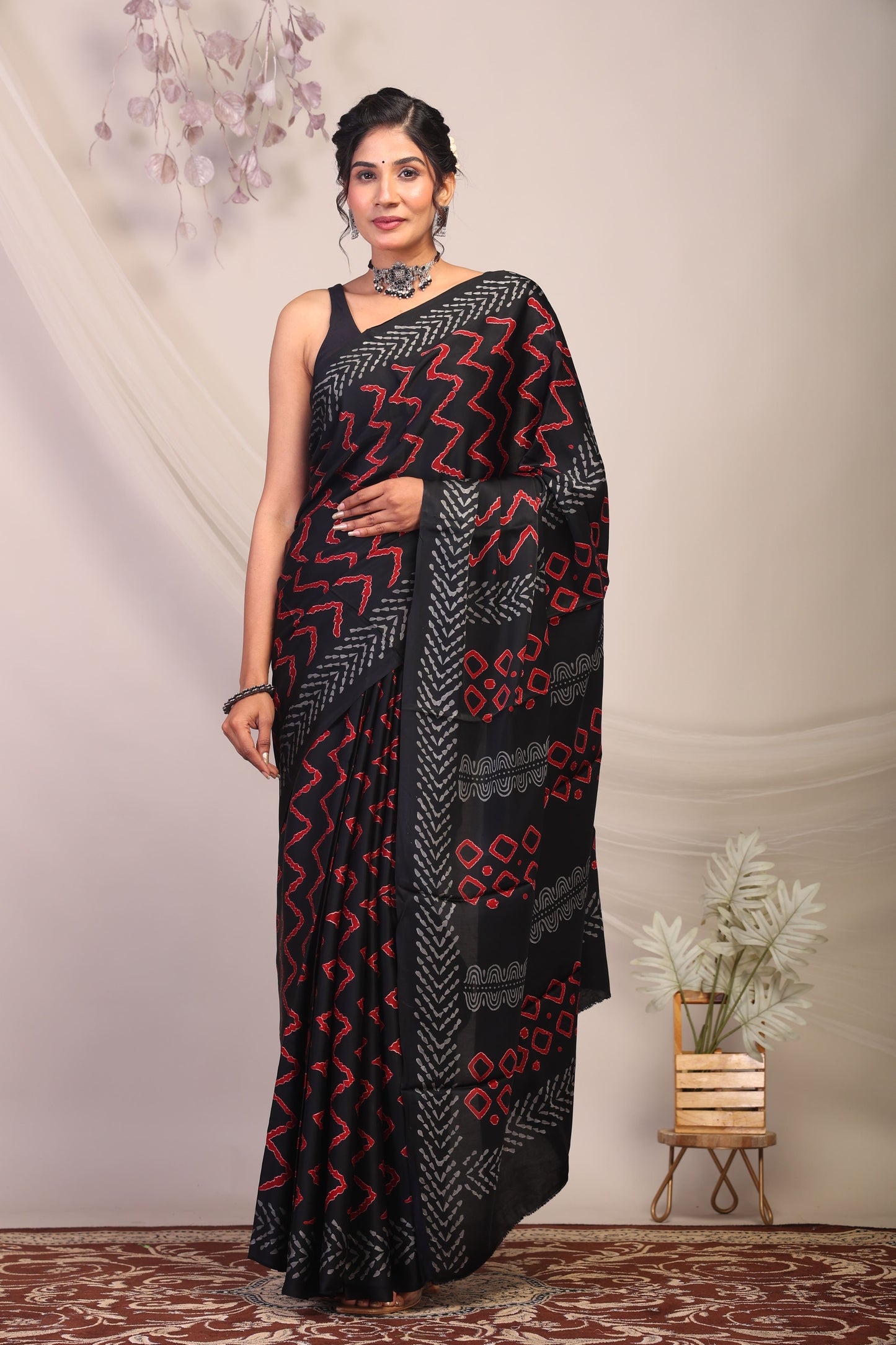 Anuttara Bhagalpuri Black & Red Modal Silk Chevron/Zig Zag Saree with Unstitched Blouse_AFS1140-FS