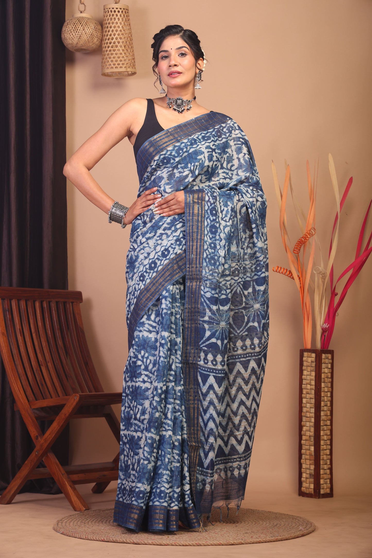 Anuttara Bhagalpuri Indigo Blue Cotton Silk Floral/Zig-Zag Saree with Unstitched Blouse_AFS1142-FS