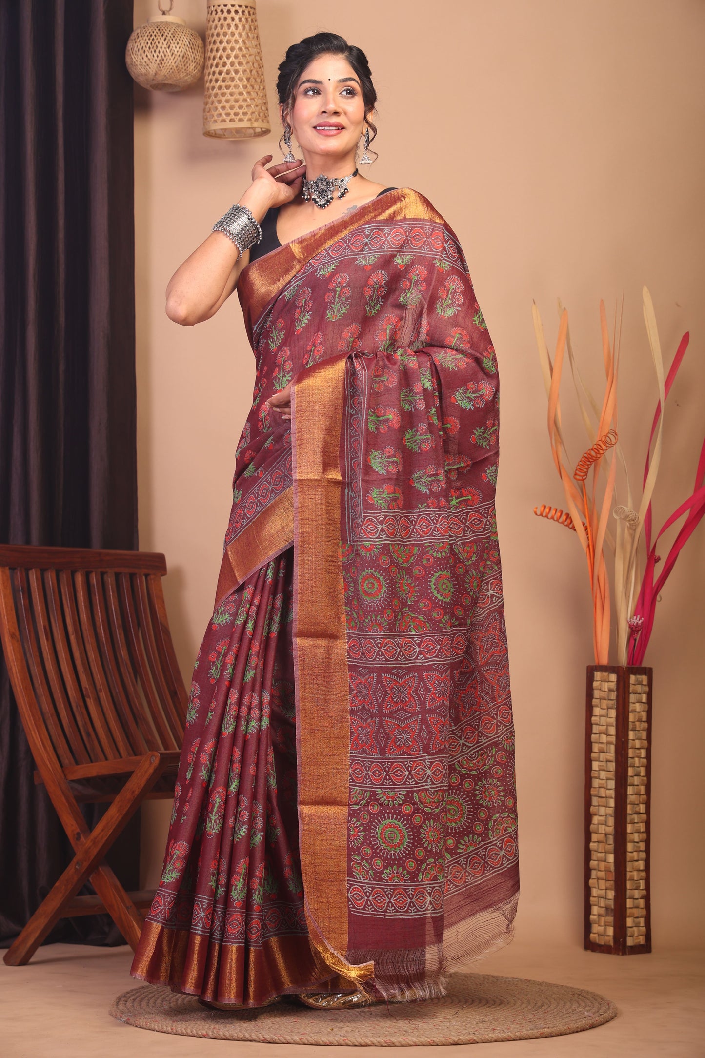 Anuttara Bhagalpuri Maroon Cotton Silk Floral Saree with Unstitched Blouse_AFS1143-FS