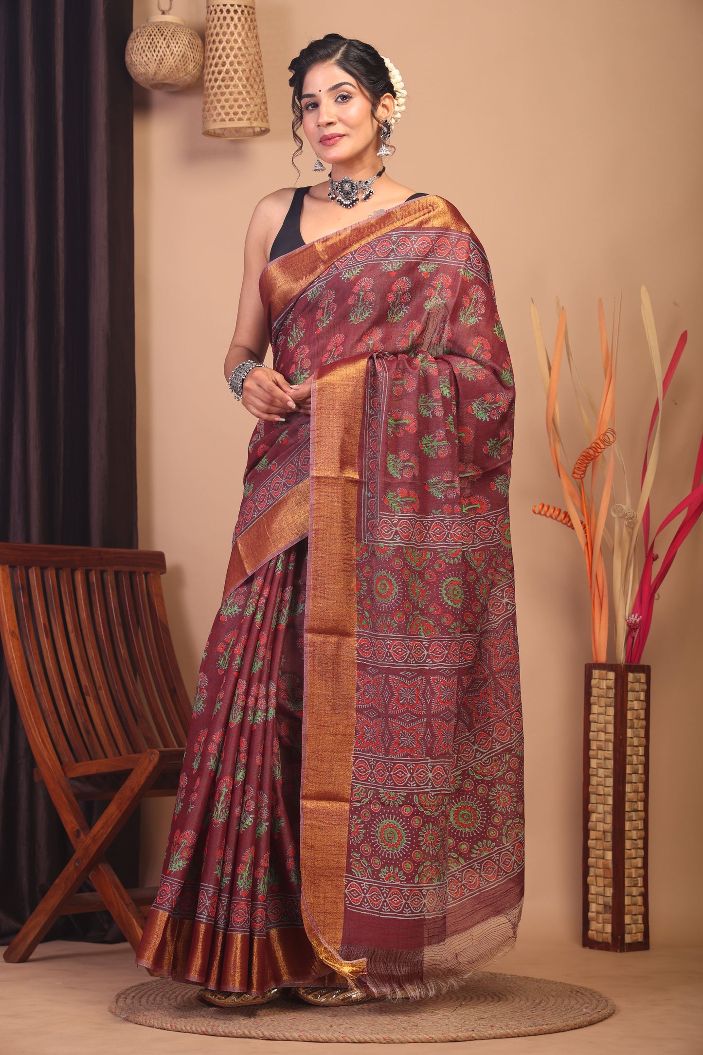 Anuttara Bhagalpuri Maroon Cotton Silk Floral Saree with Unstitched Blouse_AFS1143-FS