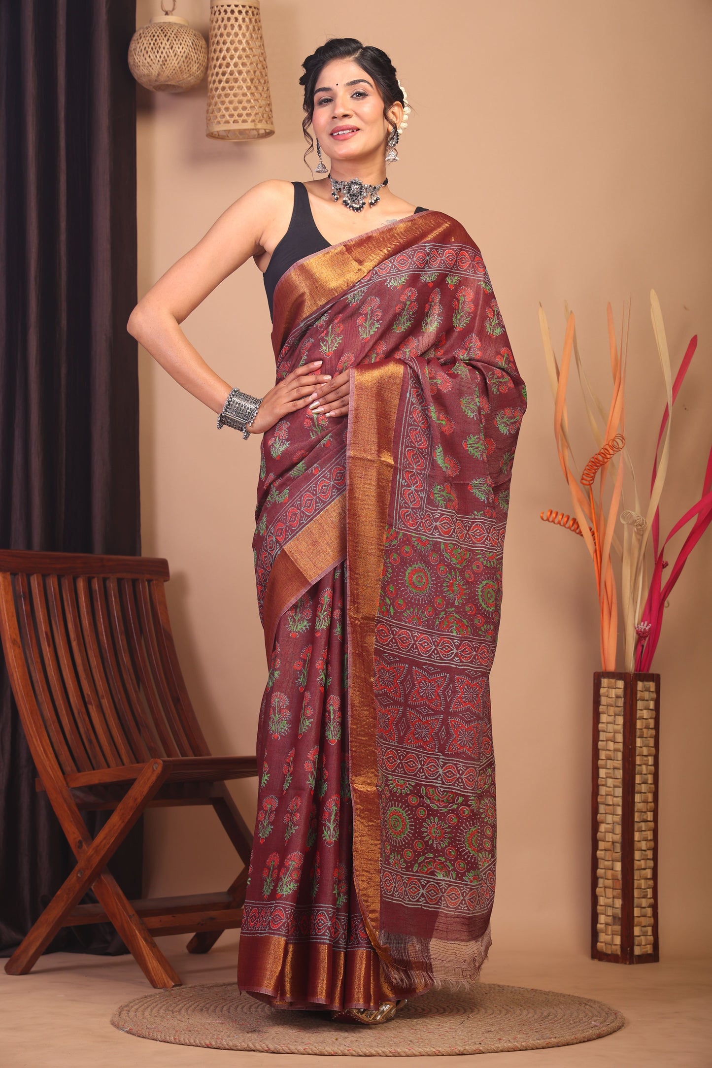 Anuttara Bhagalpuri Maroon Cotton Silk Floral Saree with Unstitched Blouse_AFS1143-FS