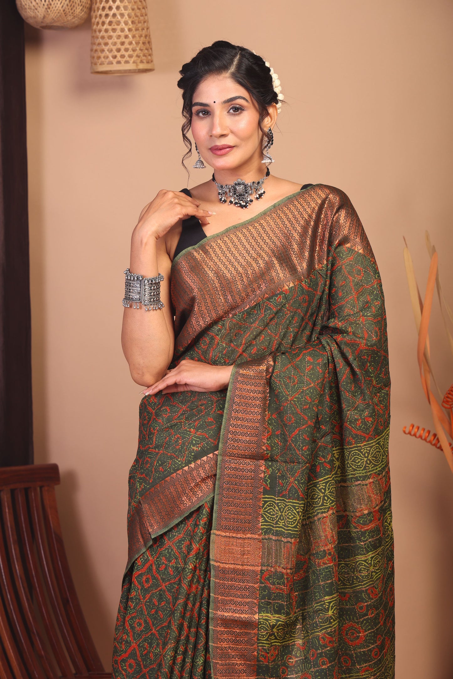 Anuttara Bhagalpuri Green Cotton Silk Floral Saree with Unstitched Blouse_AFS1147-FS