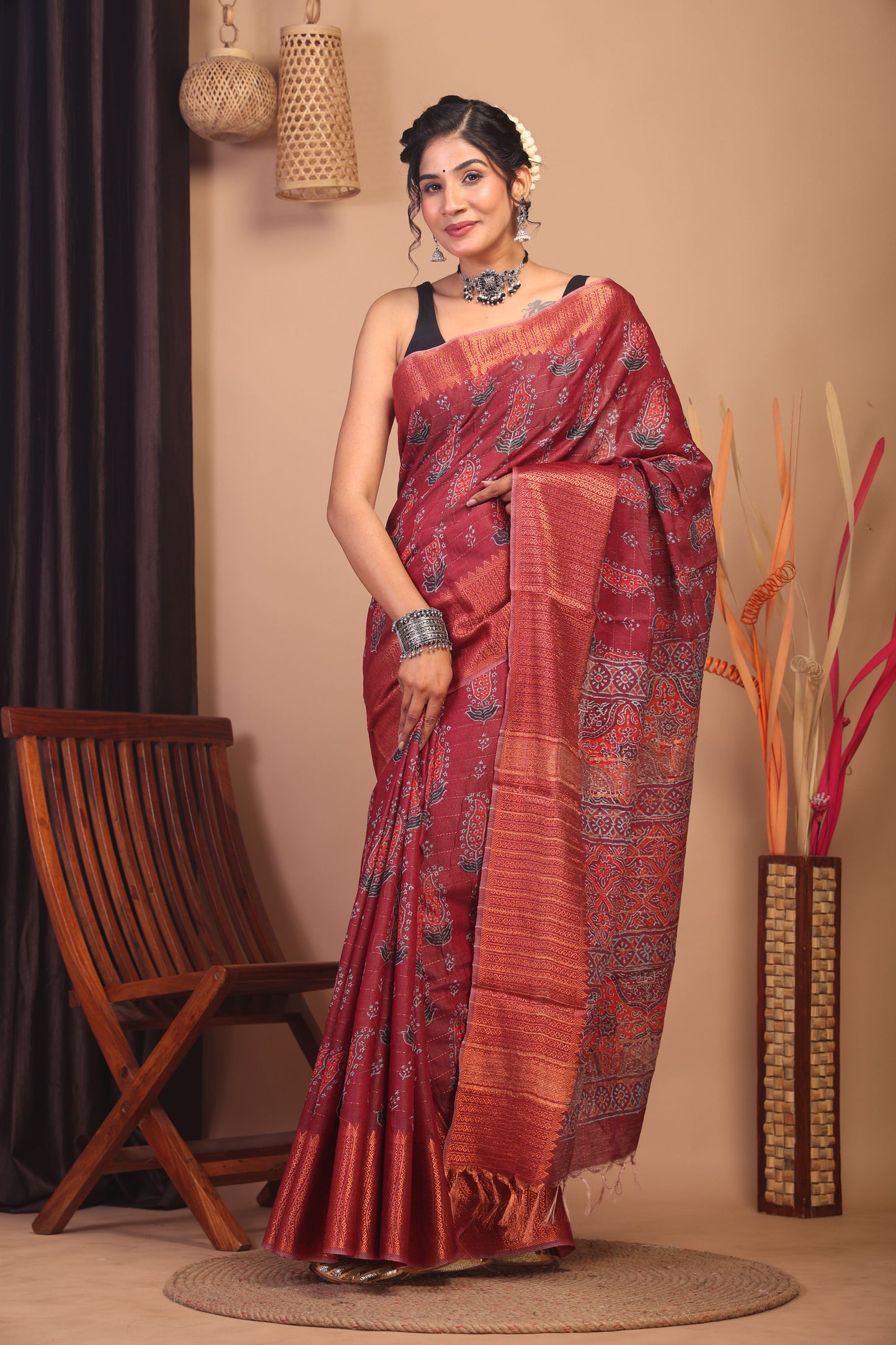 Anuttara Bhagalpuri Maroon Cotton Silk Floral Saree with Unstitched Blouse_AFS1149-FS