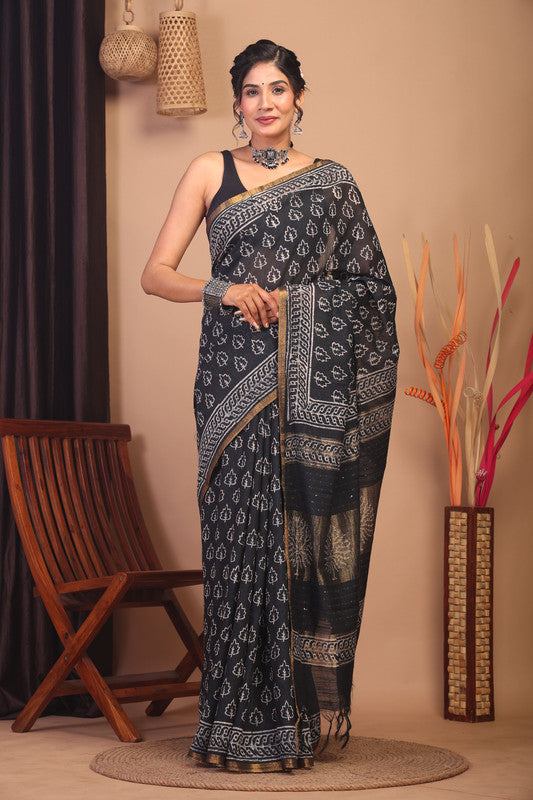 Anuttara Bhagalpuri Black & White Cotton Silk Floral Saree with Unstitched Blouse_AFS1150-FS