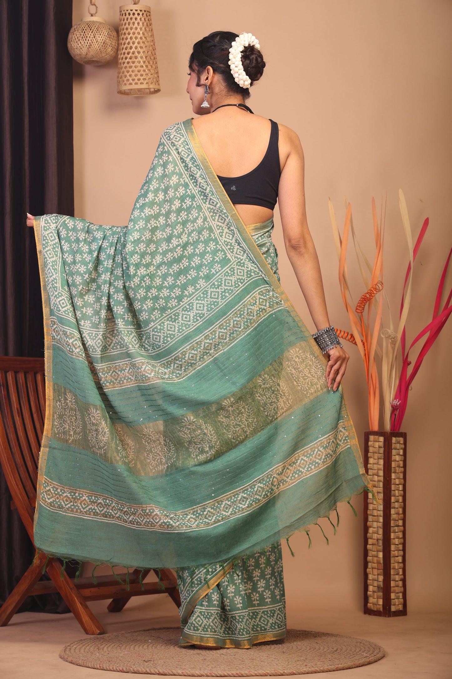 Anuttara Bhagalpuri Green Cotton Silk Floral Saree with Unstitched Blouse_AFS1152-FS