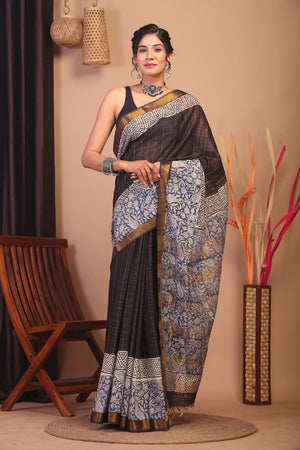 Anuttara Bhagalpuri Black & Blue Cotton Silk Paisley/Floral Saree with Unstitched Blouse_AFS1156-FS
