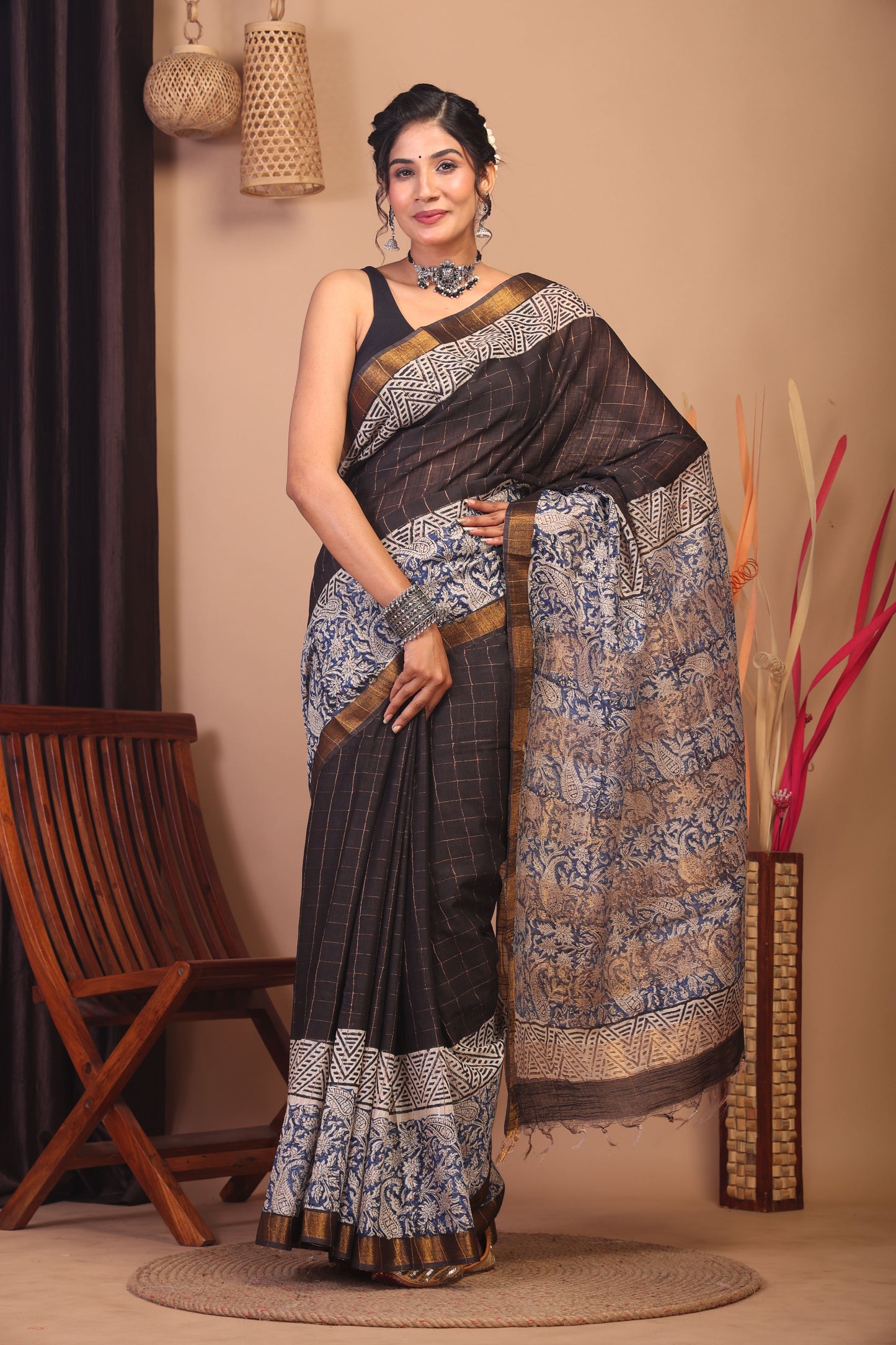 Anuttara Bhagalpuri Black & Blue Cotton Silk Paisley/Floral Saree with Unstitched Blouse_AFS1156-FS