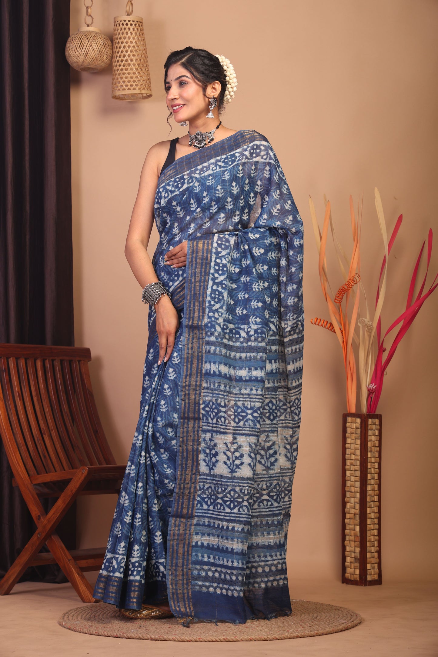 Anuttara Bhagalpuri Indigo Blue Cotton Silk Floral Saree with Unstitched Blouse_AFS1159-FS