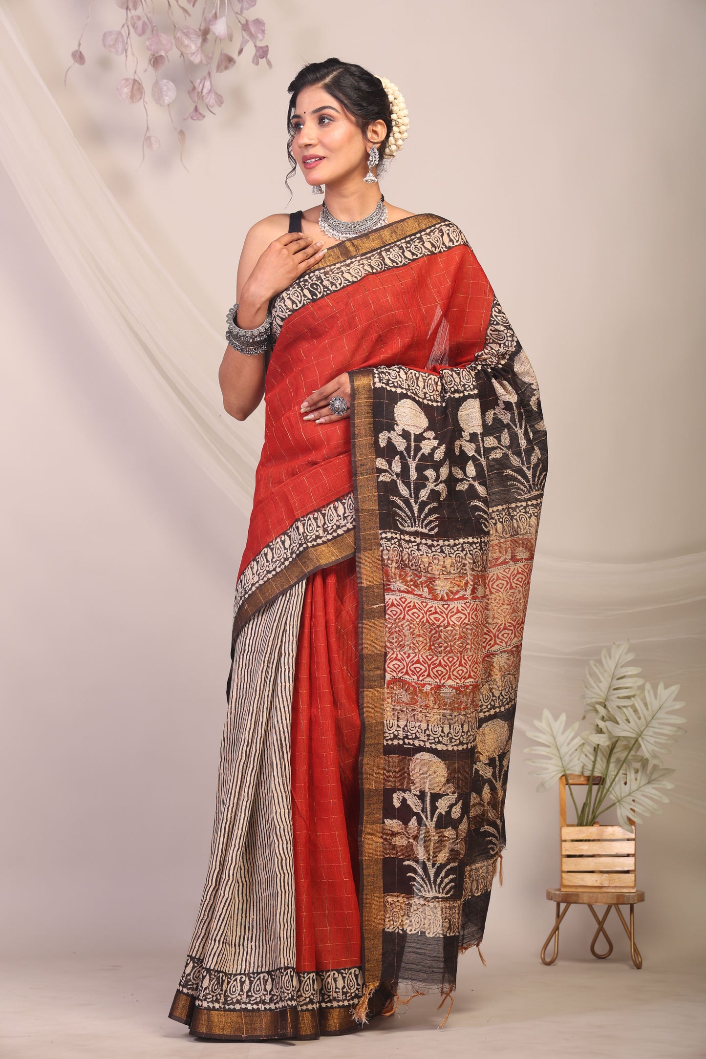 Anuttara Bhagalpuri Multicolor Cotton Silk Stripe/Check/Floral Saree with Unstitched Blouse_AFS1162-FS
