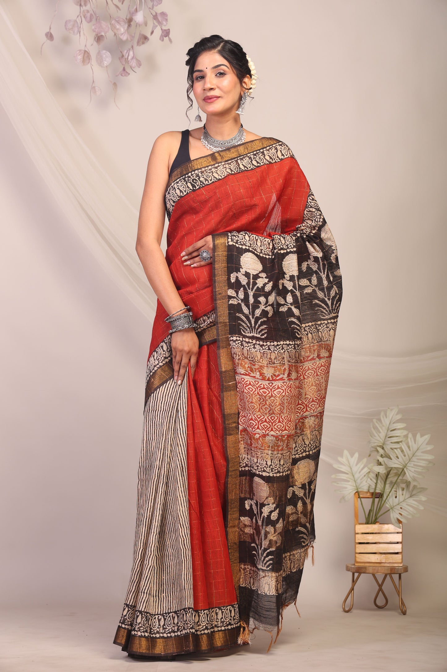 Anuttara Bhagalpuri Multicolor Cotton Silk Stripe/Check/Floral Saree with Unstitched Blouse_AFS1162-FS