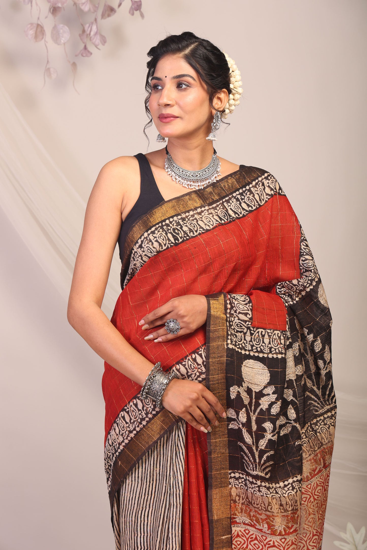 Anuttara Bhagalpuri Multicolor Cotton Silk Stripe/Check/Floral Saree with Unstitched Blouse_AFS1162-FS