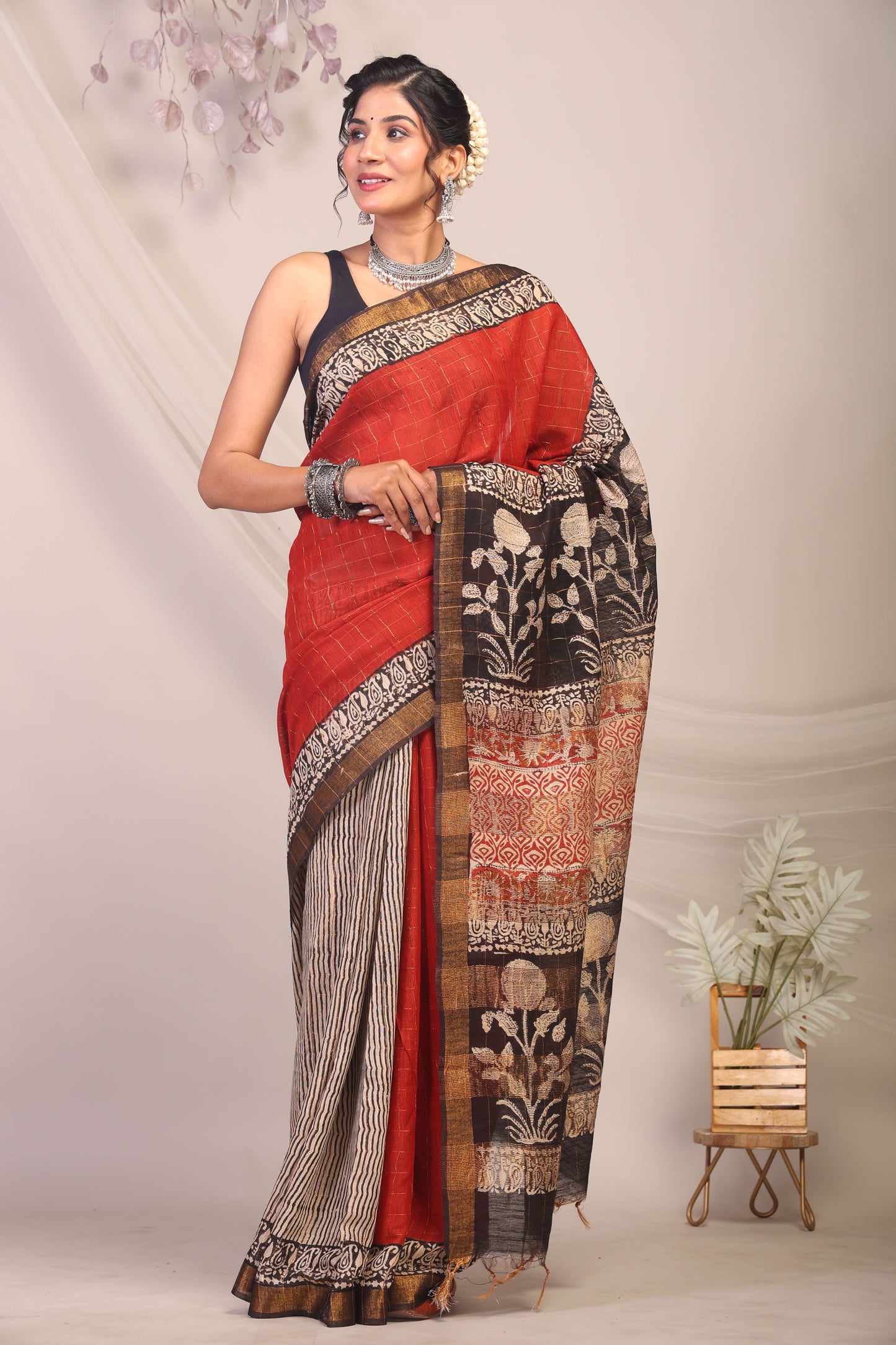 Anuttara Bhagalpuri Multicolor Cotton Silk Stripe/Check/Floral Saree with Unstitched Blouse_AFS1162-FS