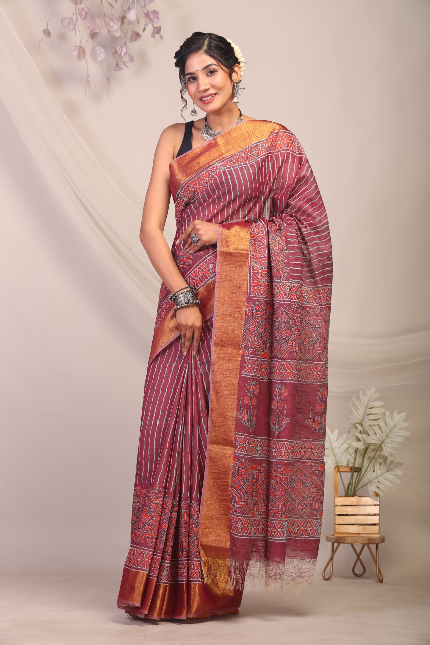 Anuttara Bhagalpuri Maroon Cotton Silk Stripe/Ajrakh Saree with Unstitched Blouse_AFS1163-FS