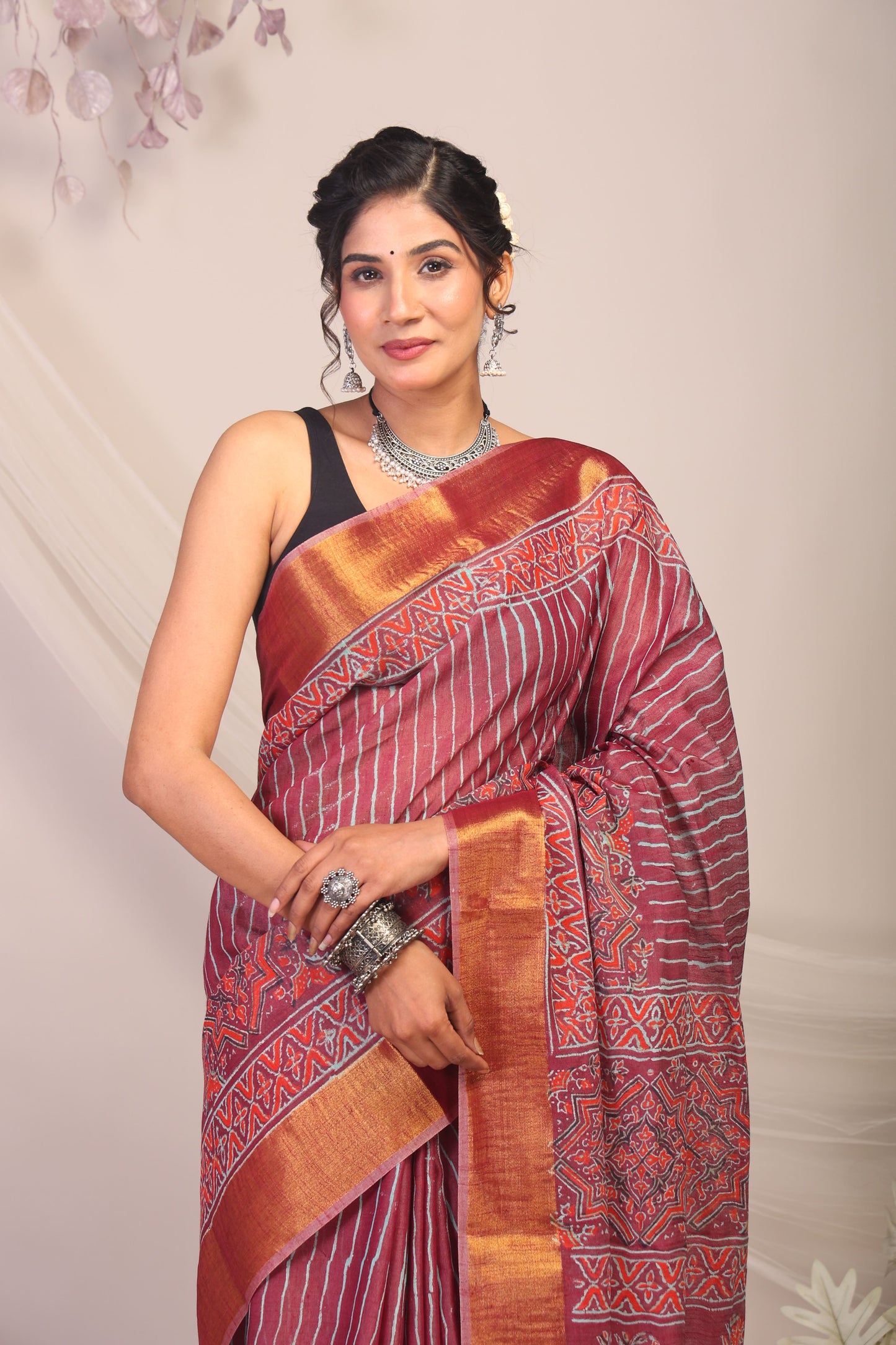 Anuttara Bhagalpuri Maroon Cotton Silk Stripe/Ajrakh Saree with Unstitched Blouse_AFS1163-FS