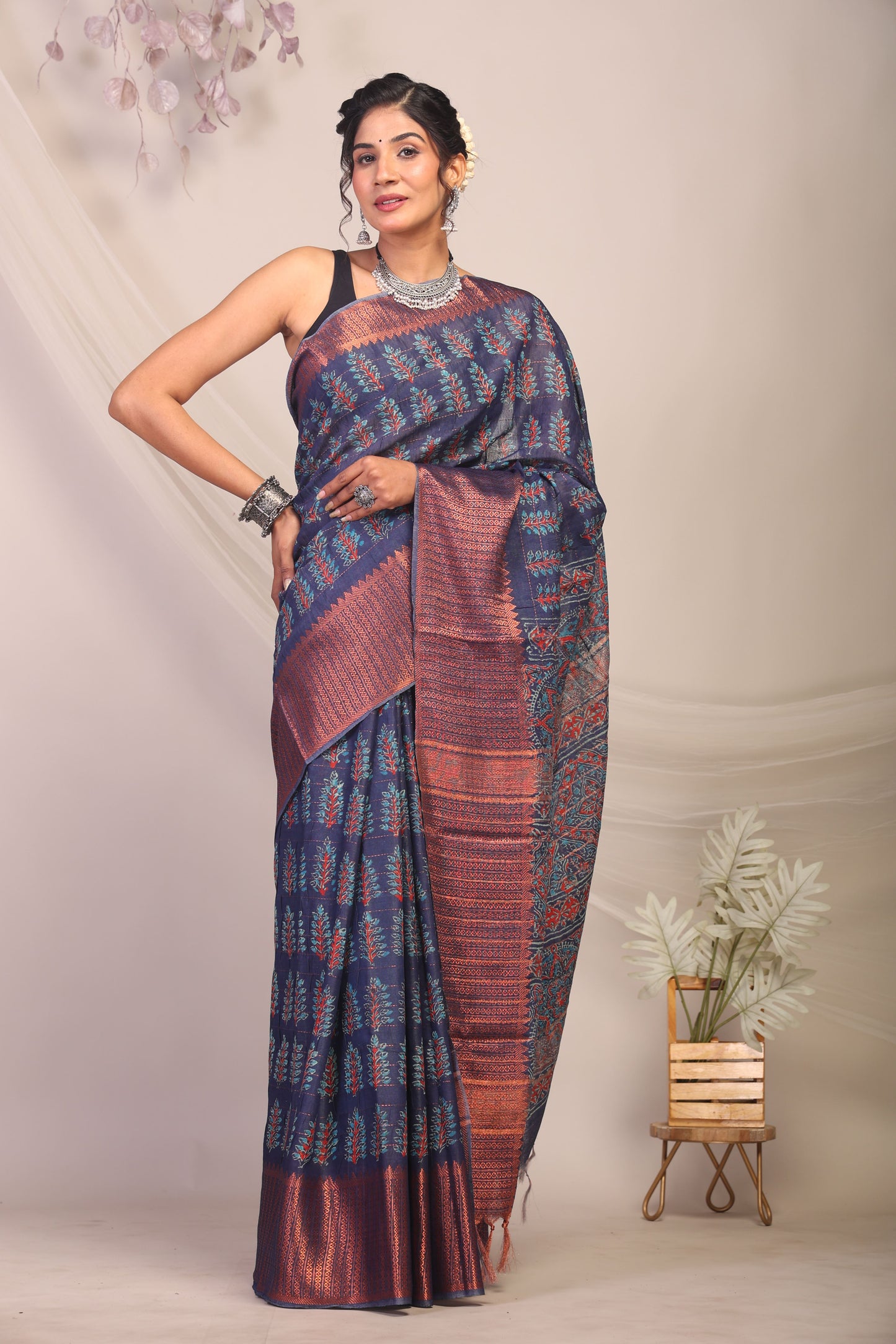 Anuttara Bhagalpuri Navy Blue Cotton Silk Floral/Ajrakh Saree with Unstitched Blouse_AFS1165-FS