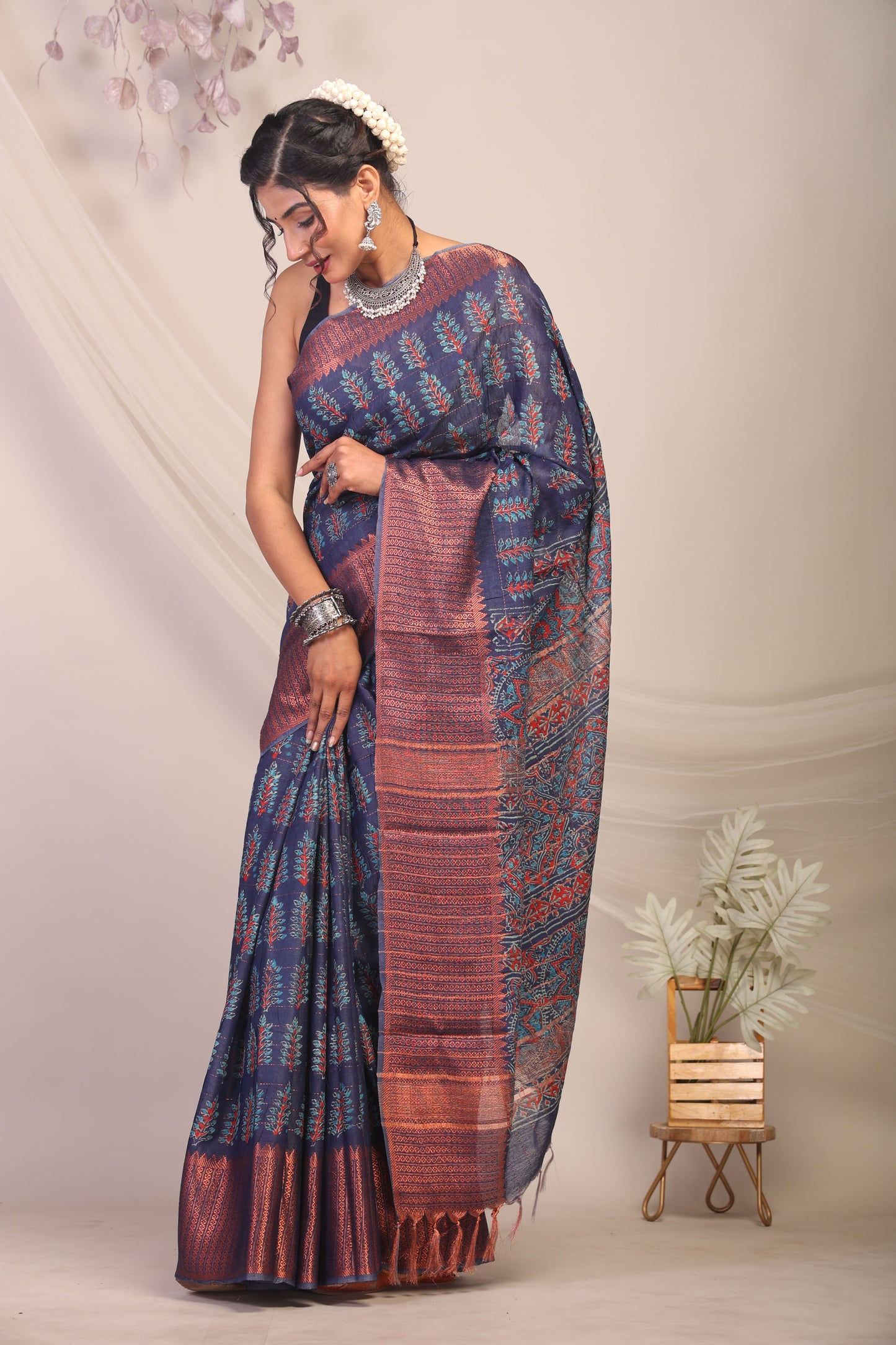 Anuttara Bhagalpuri Navy Blue Cotton Silk Floral/Ajrakh Saree with Unstitched Blouse_AFS1165-FS