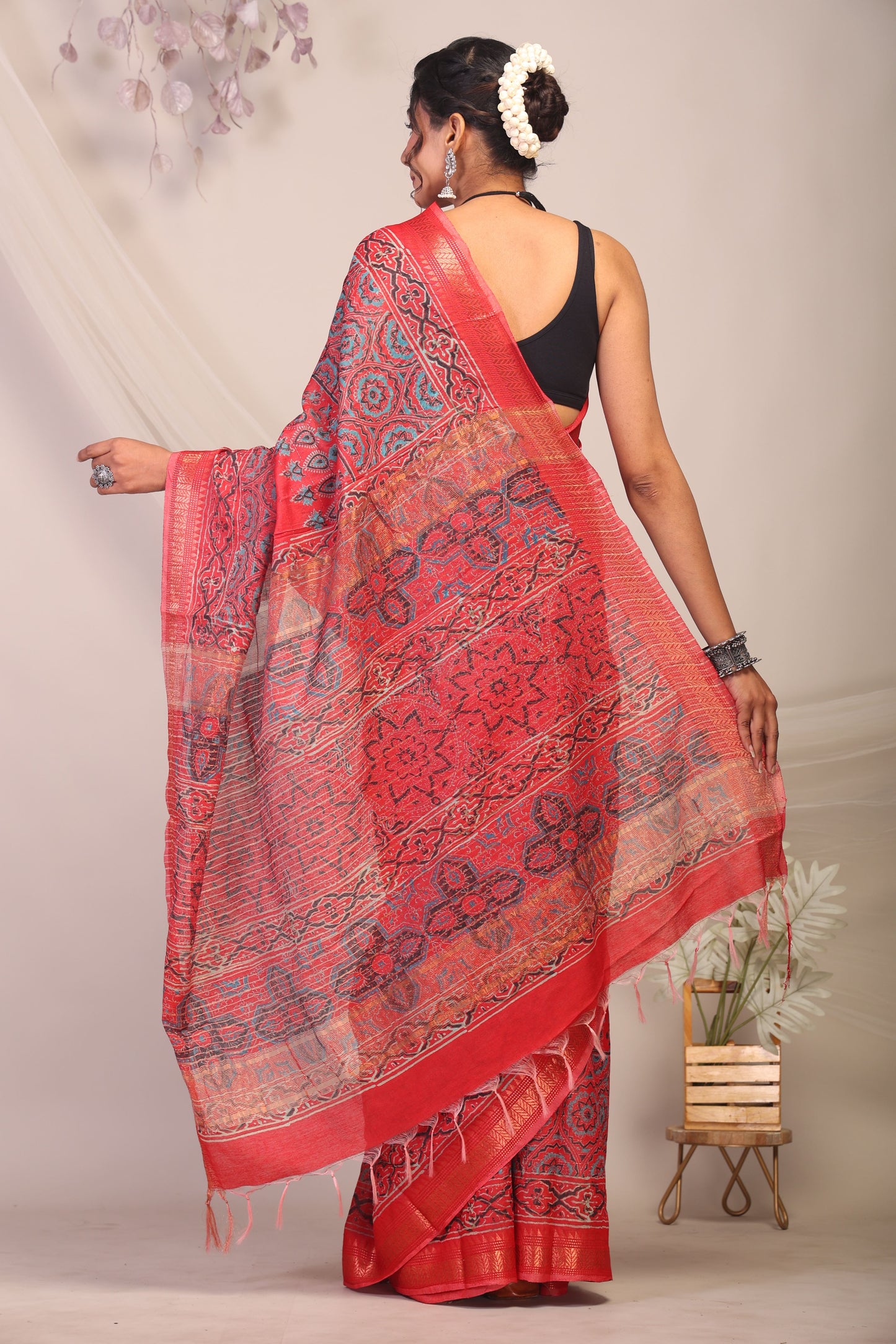 Anuttara Bhagalpuri Red Cotton Silk Ajrakh Saree with Unstitched Blouse_AFS1166-FS