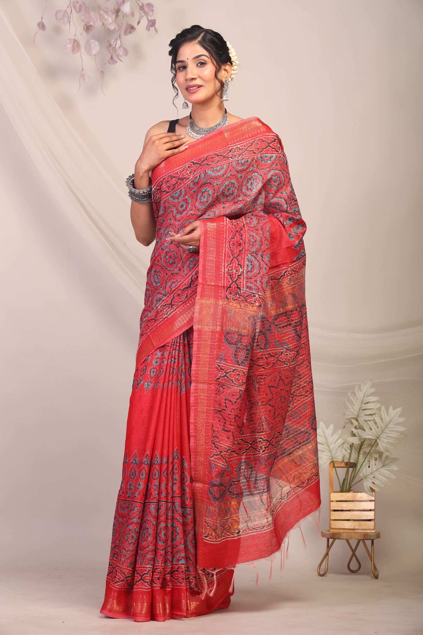 Anuttara Bhagalpuri Red Cotton Silk Ajrakh Saree with Unstitched Blouse_AFS1166-FS