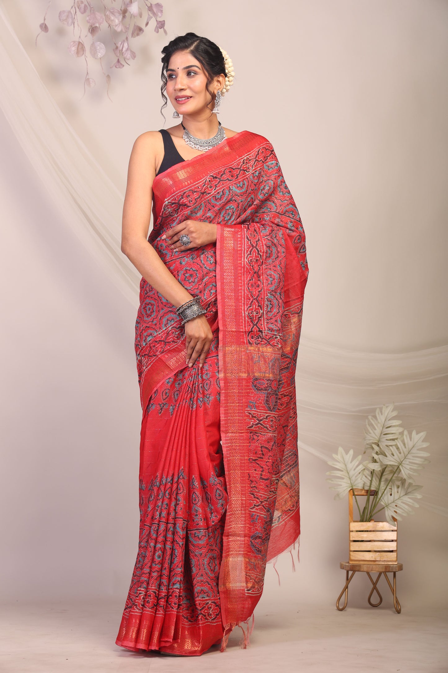 Anuttara Bhagalpuri Red Cotton Silk Ajrakh Saree with Unstitched Blouse_AFS1166-FS