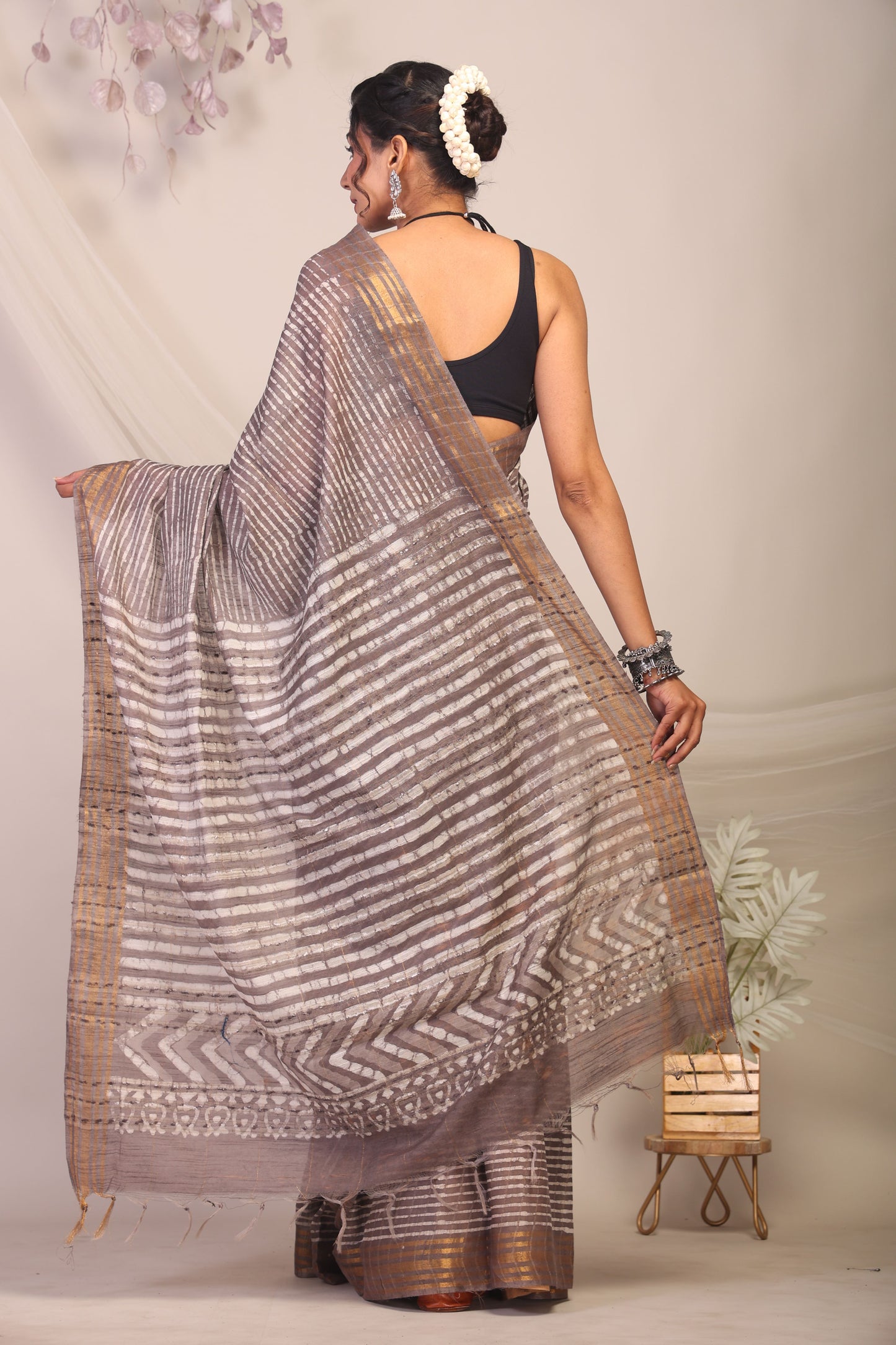 Anuttara Bhagalpuri Brown Cotton Silk Stripe Saree with Unstitched Blouse_AFS1169-FS