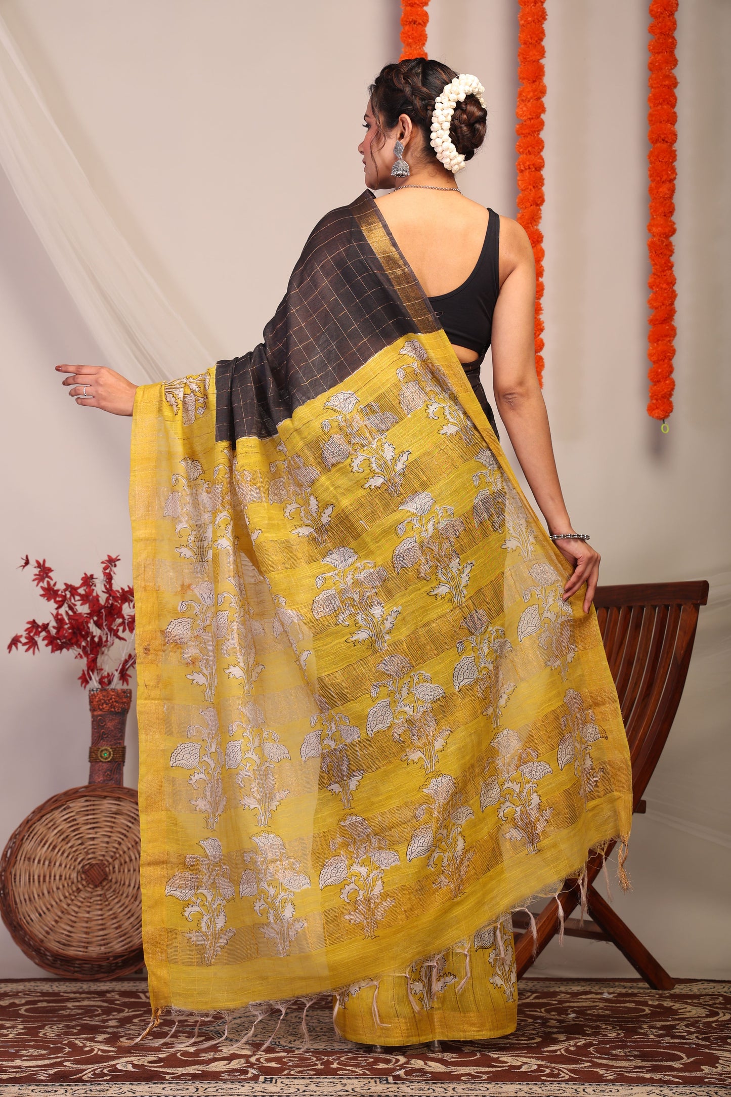 Anuttara Bhagalpuri Black & Olive Green Cotton Silk Floral Saree with Unstitched Blouse_AFS1171-FS