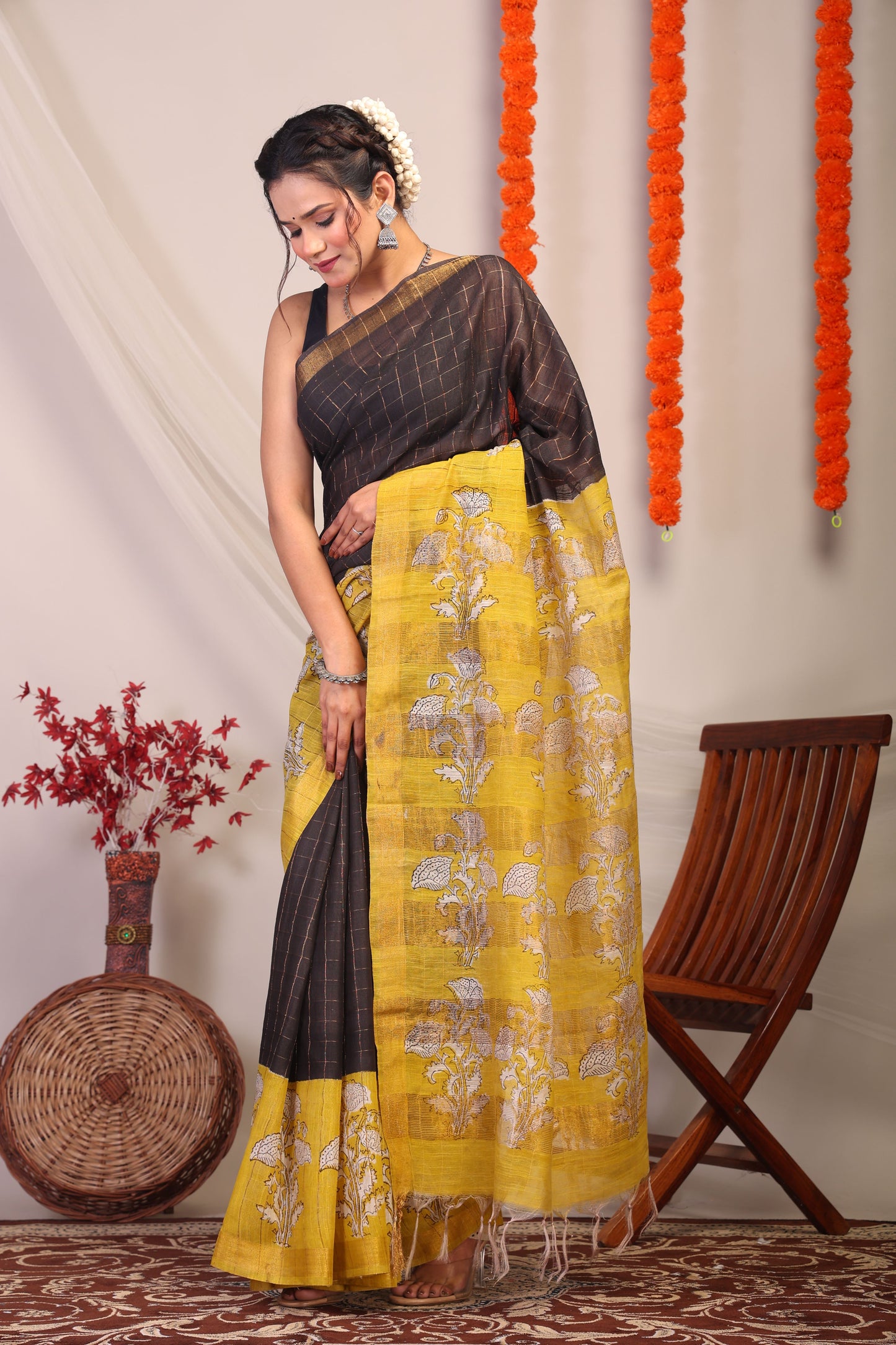 Anuttara Bhagalpuri Black & Olive Green Cotton Silk Floral Saree with Unstitched Blouse_AFS1171-FS