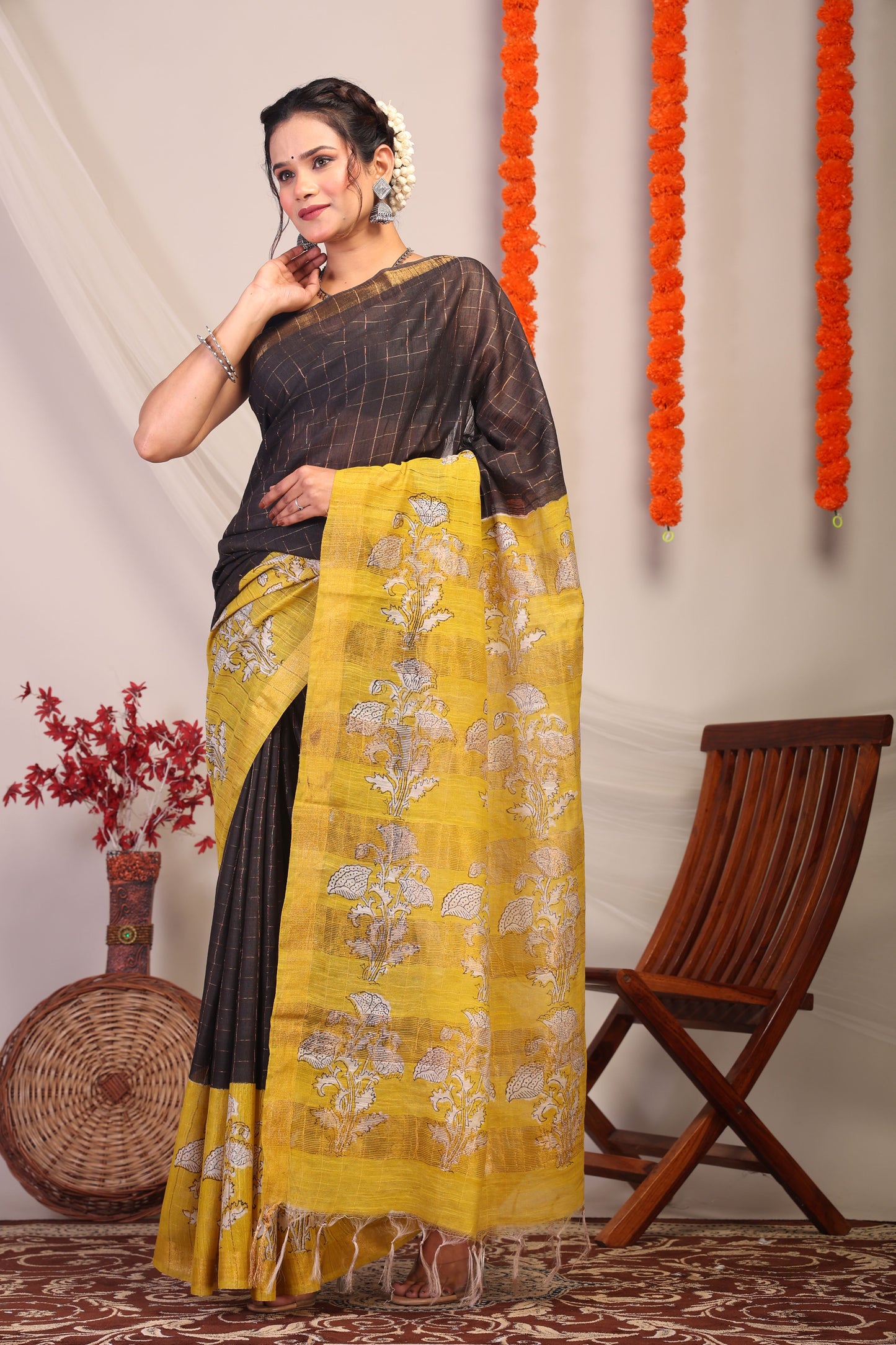 Anuttara Bhagalpuri Black & Olive Green Cotton Silk Floral Saree with Unstitched Blouse_AFS1171-FS