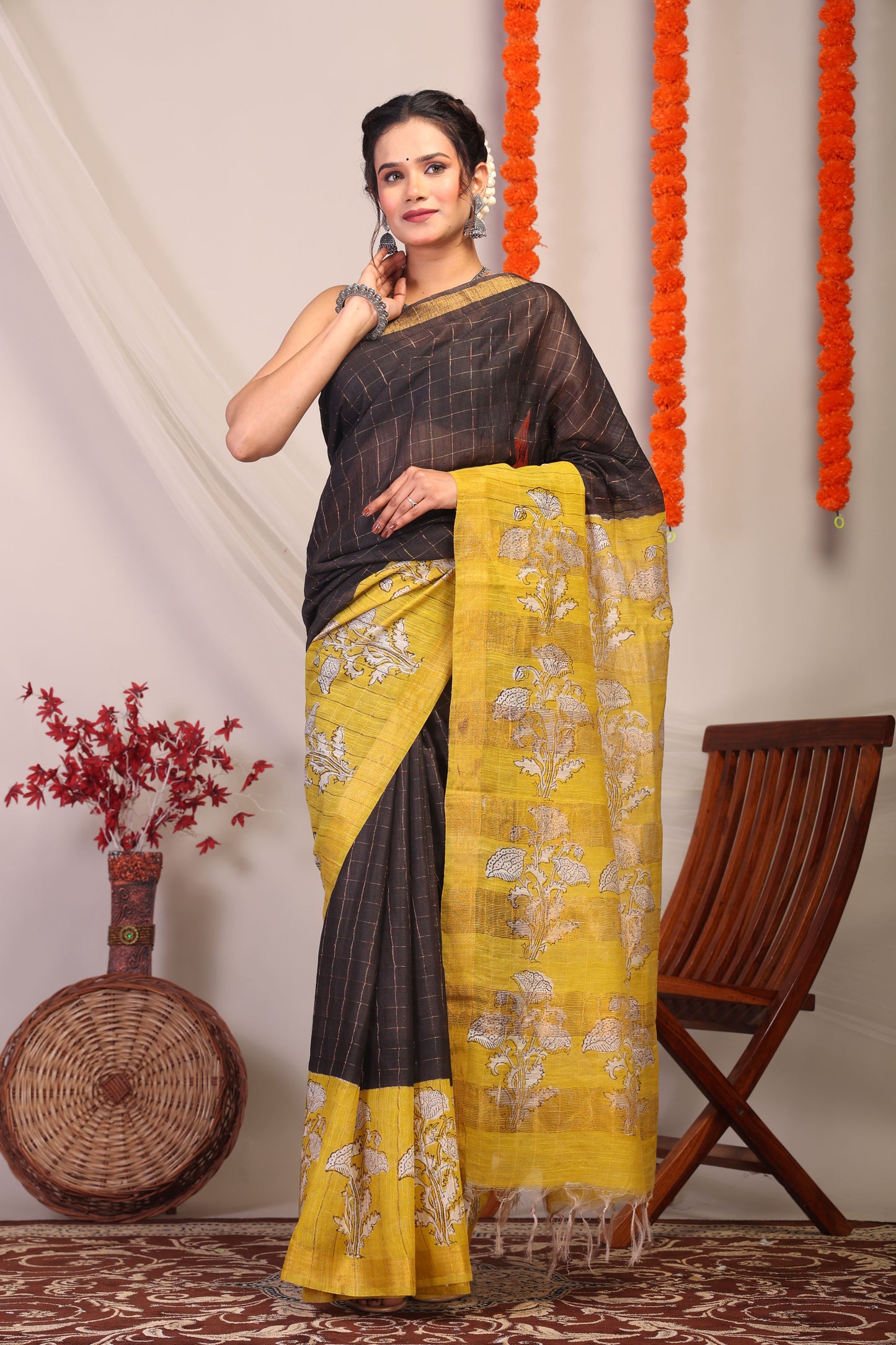 Anuttara Bhagalpuri Black & Olive Green Cotton Silk Floral Saree with Unstitched Blouse_AFS1171-FS