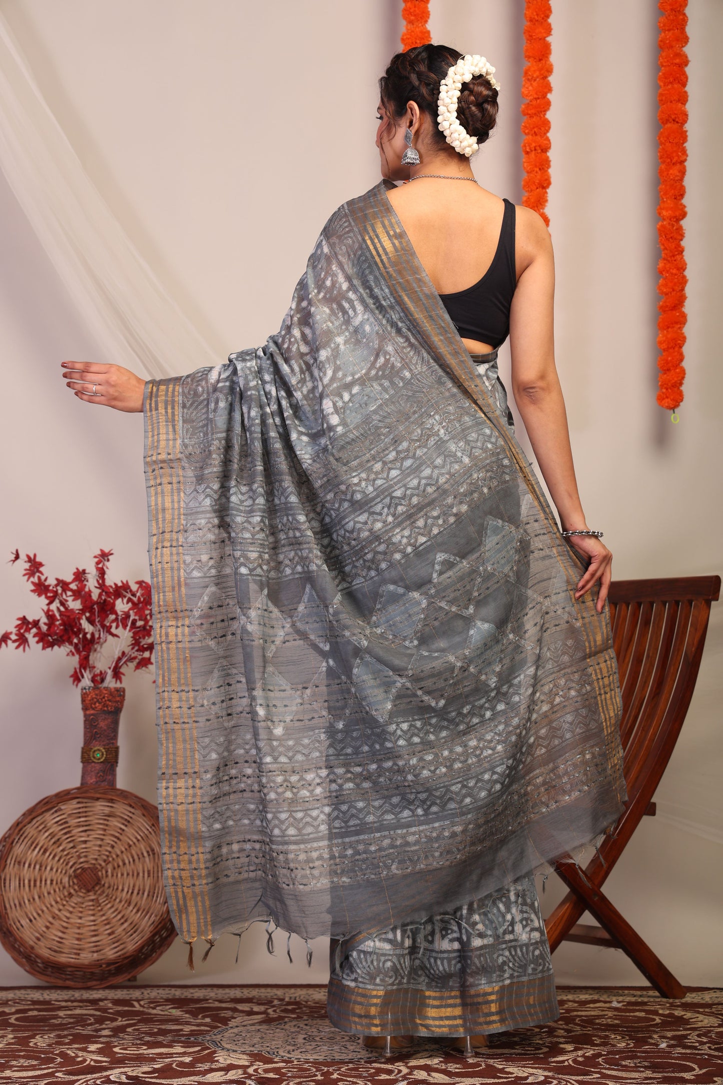 Anuttara Bhagalpuri Gray Cotton Silk Paisley/Geometric Saree with Unstitched Blouse_AFS1172-FS