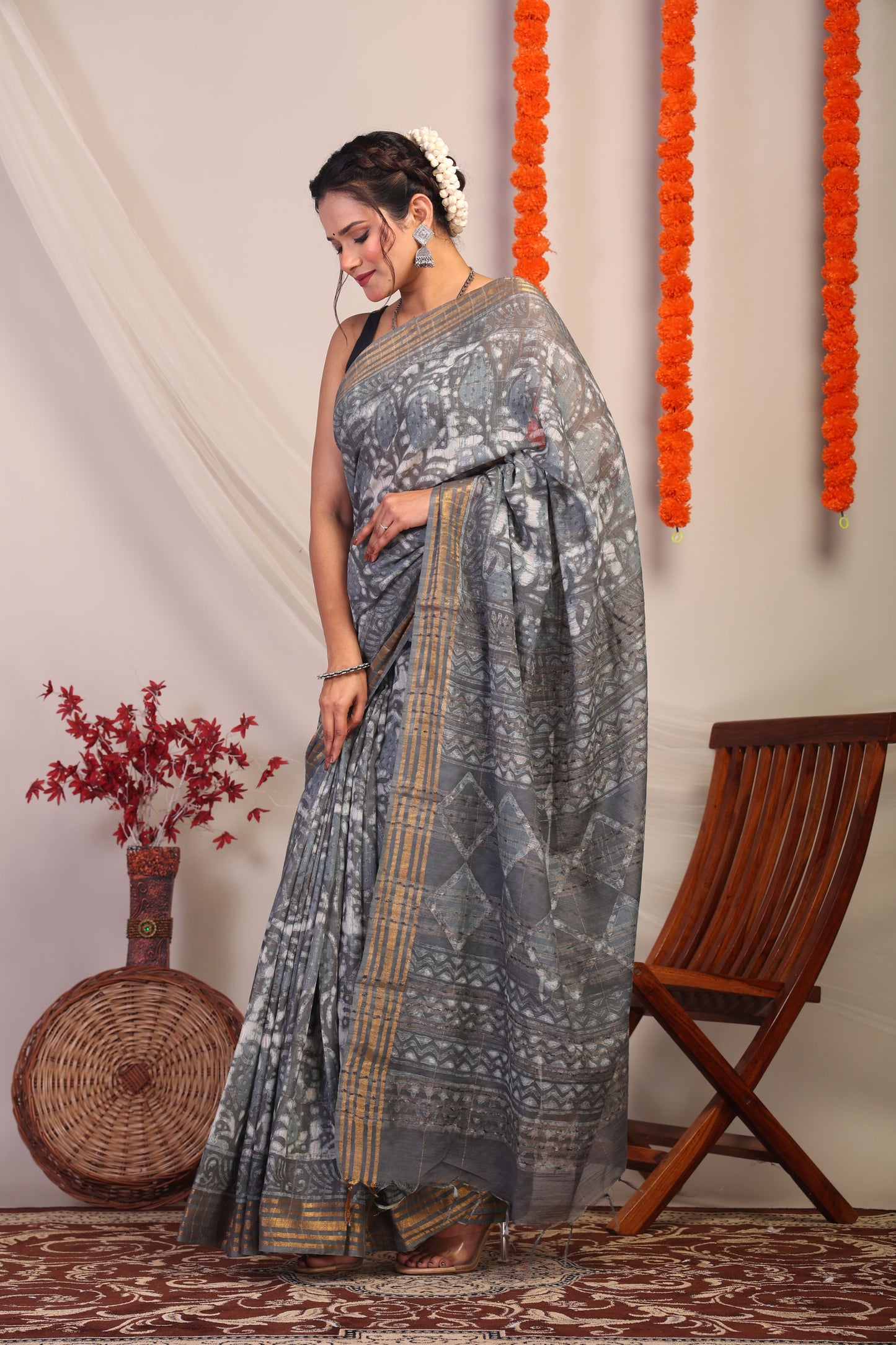 Anuttara Bhagalpuri Gray Cotton Silk Paisley/Geometric Saree with Unstitched Blouse_AFS1172-FS