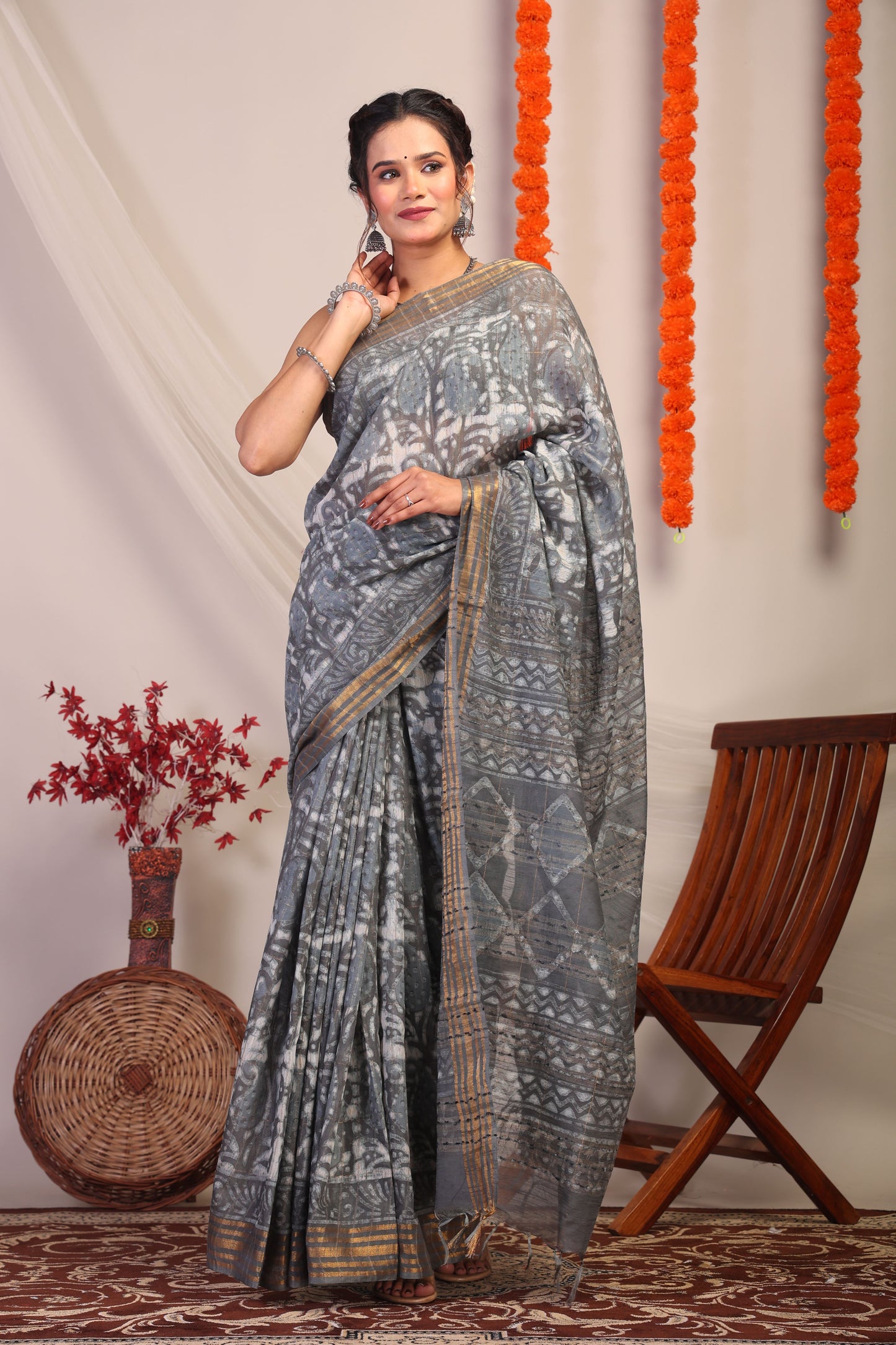 Anuttara Bhagalpuri Gray Cotton Silk Paisley/Geometric Saree with Unstitched Blouse_AFS1172-FS