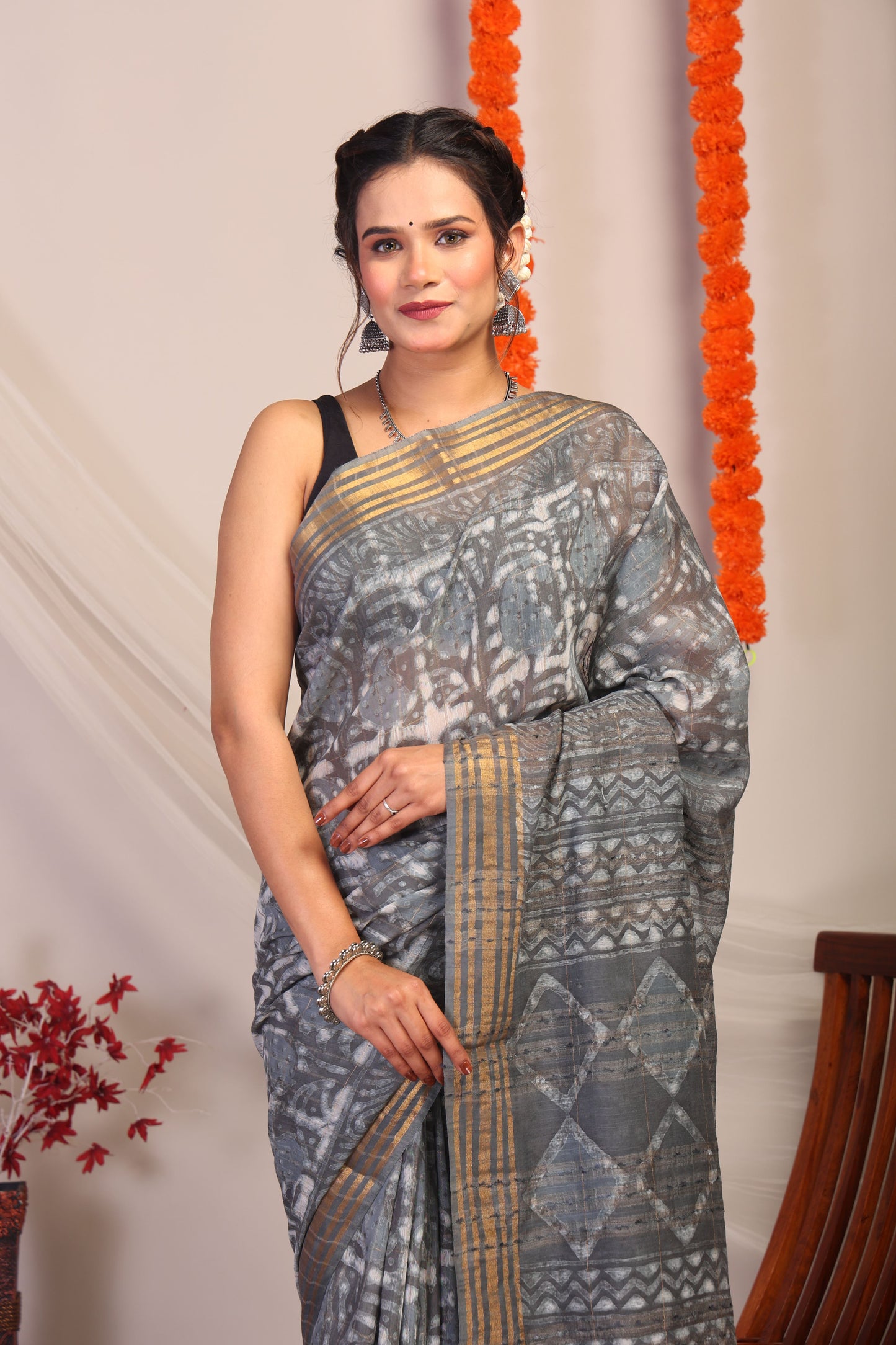 Anuttara Bhagalpuri Gray Cotton Silk Paisley/Geometric Saree with Unstitched Blouse_AFS1172-FS