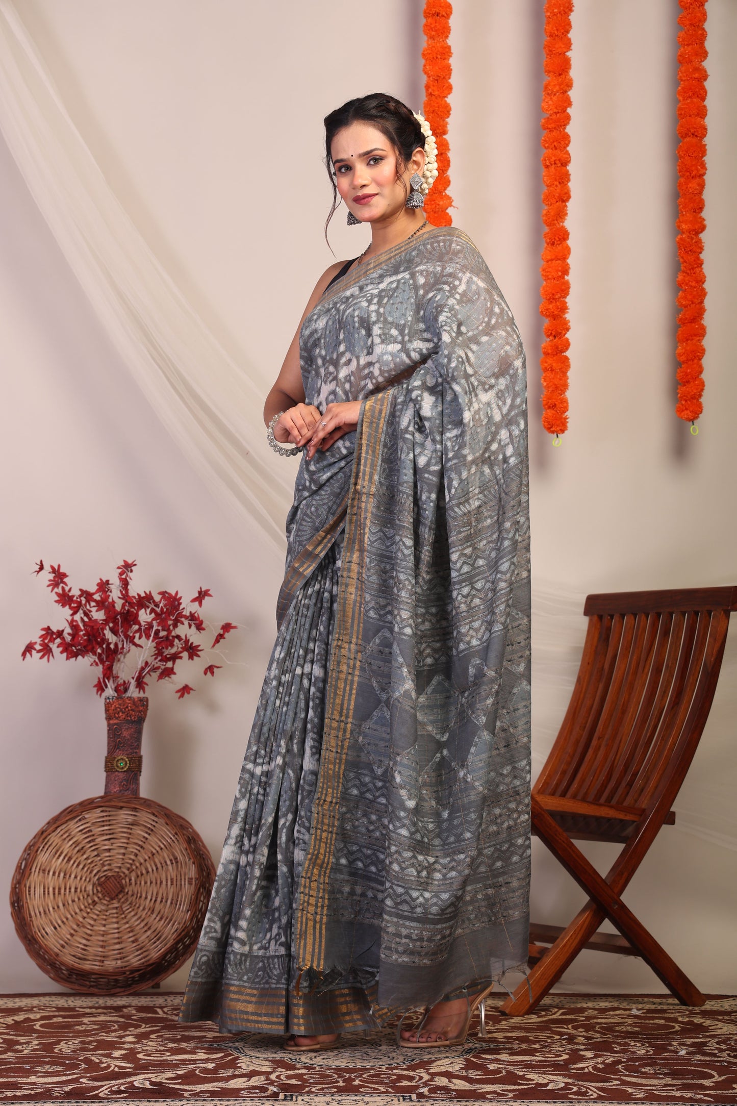 Anuttara Bhagalpuri Gray Cotton Silk Paisley/Geometric Saree with Unstitched Blouse_AFS1172-FS