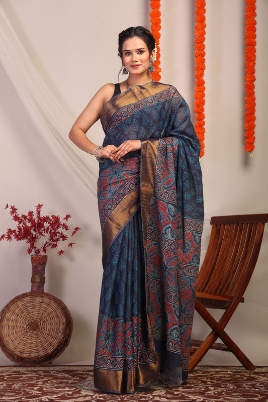Anuttara Bhagalpuri Navy Blue Cotton Silk Floral/Ajrakh Saree with Unstitched Blouse_AFS1173-FS