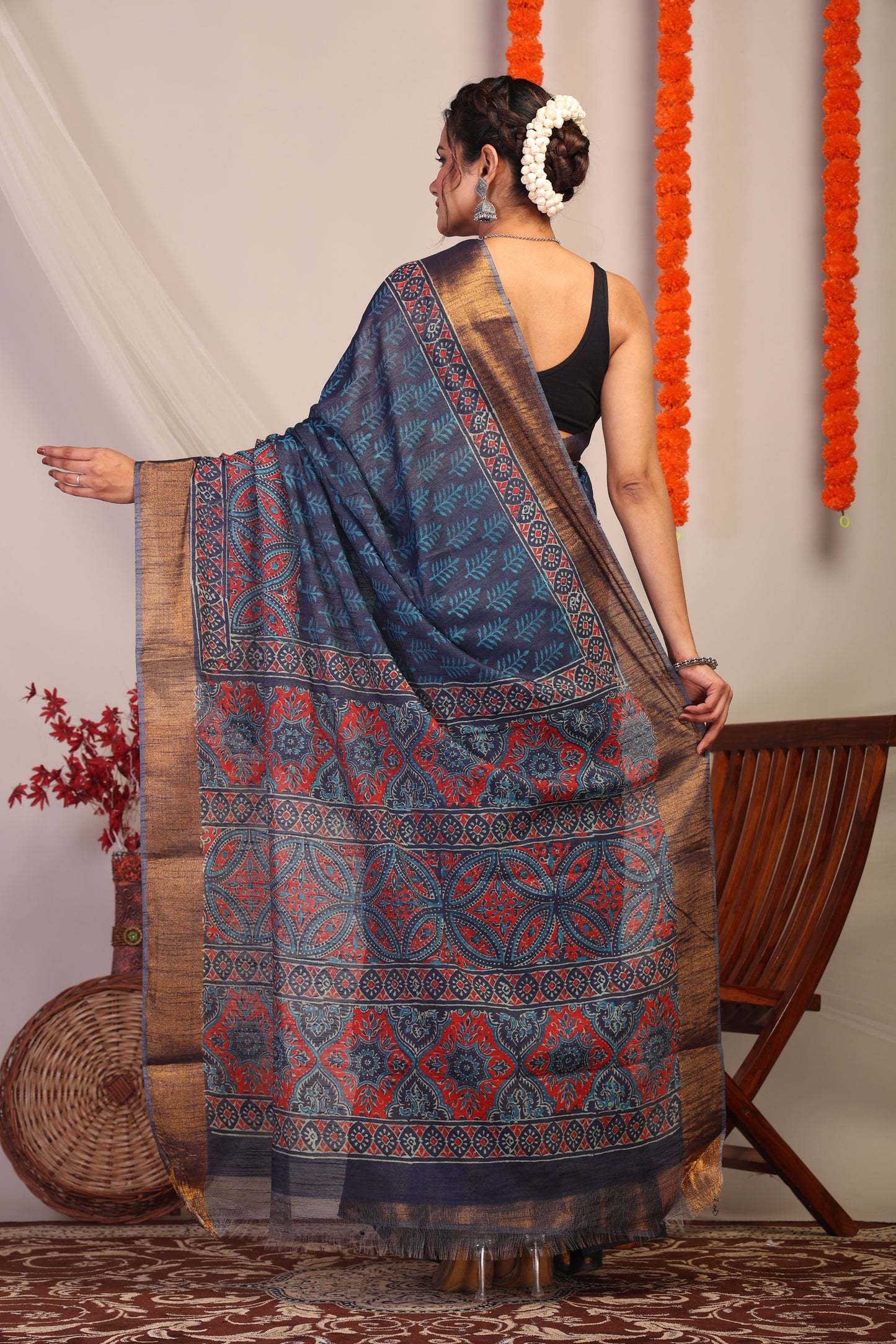 Anuttara Bhagalpuri Navy Blue Cotton Silk Floral/Ajrakh Saree with Unstitched Blouse_AFS1173-FS