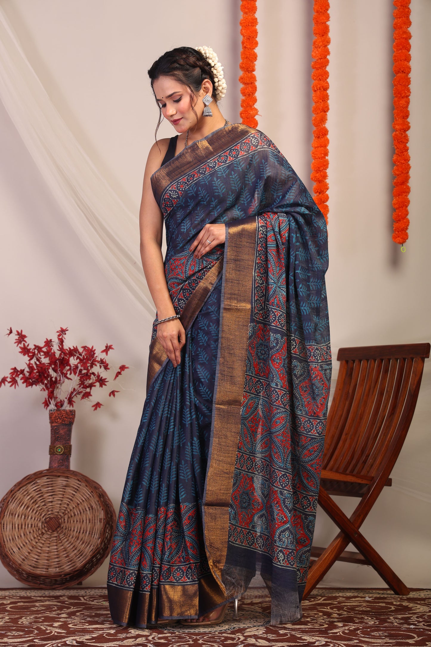 Anuttara Bhagalpuri Navy Blue Cotton Silk Floral/Ajrakh Saree with Unstitched Blouse_AFS1173-FS