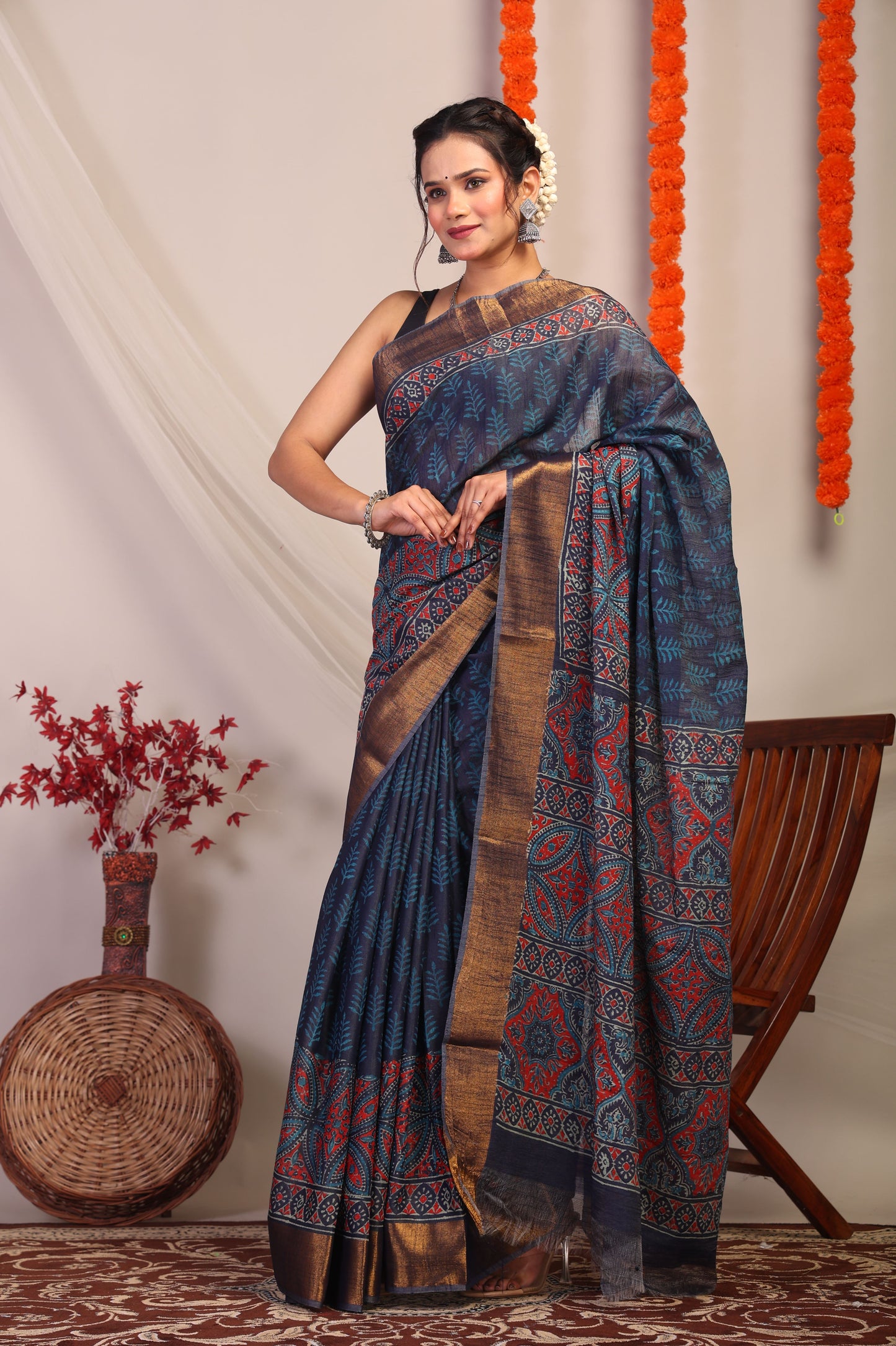 Anuttara Bhagalpuri Navy Blue Cotton Silk Floral/Ajrakh Saree with Unstitched Blouse_AFS1173-FS