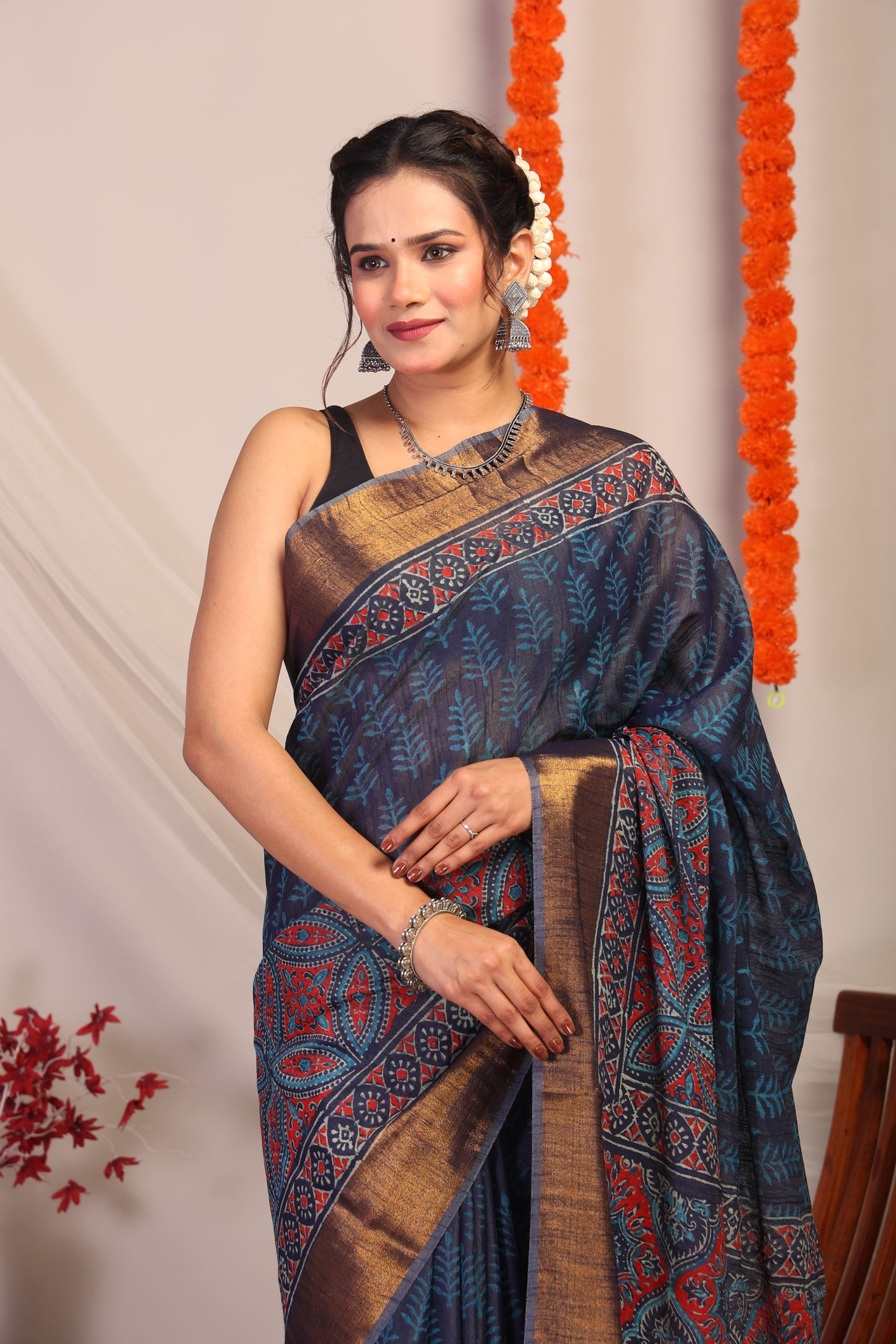 Anuttara Bhagalpuri Navy Blue Cotton Silk Floral/Ajrakh Saree with Unstitched Blouse_AFS1173-FS