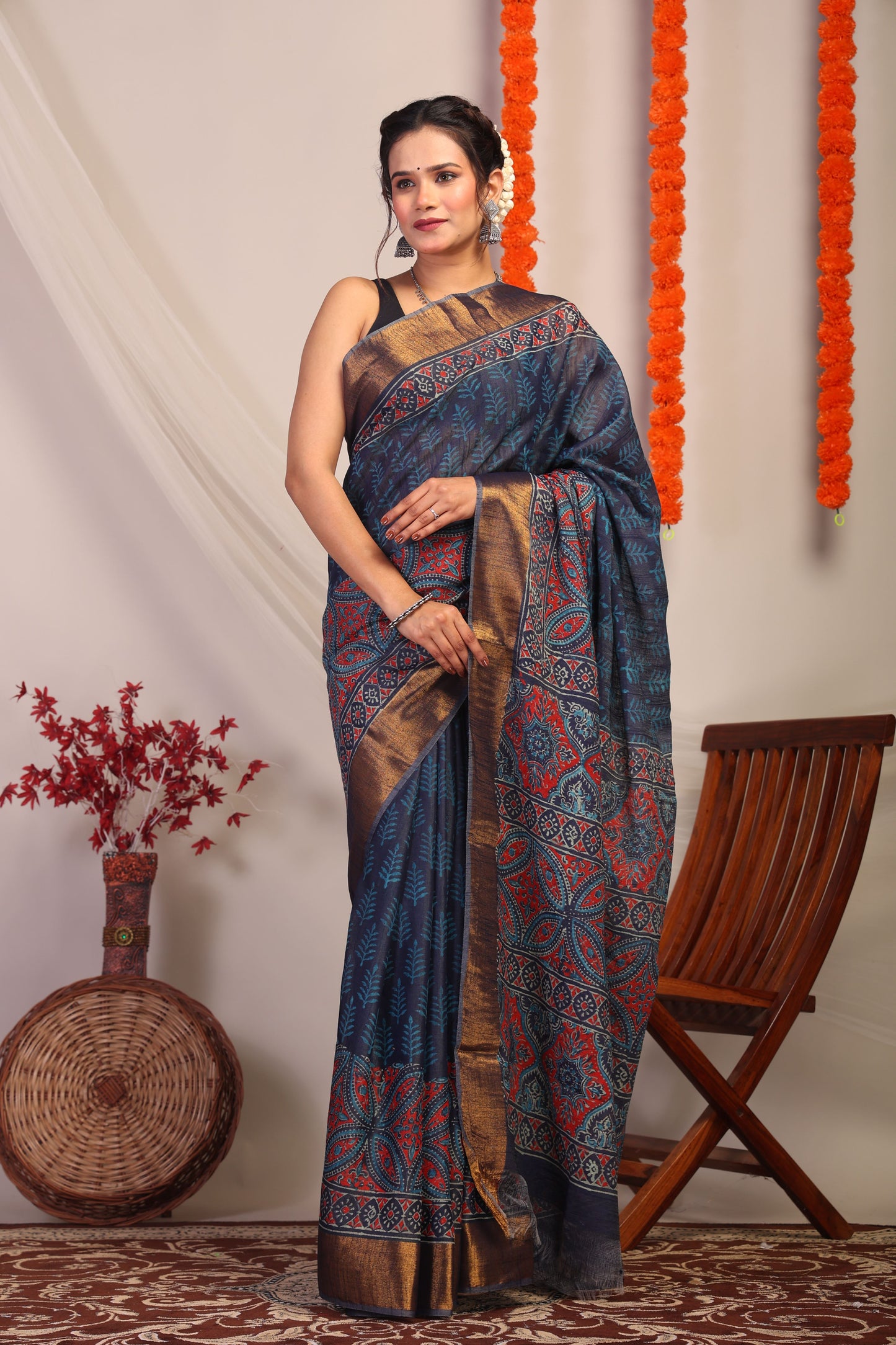 Anuttara Bhagalpuri Navy Blue Cotton Silk Floral/Ajrakh Saree with Unstitched Blouse_AFS1173-FS