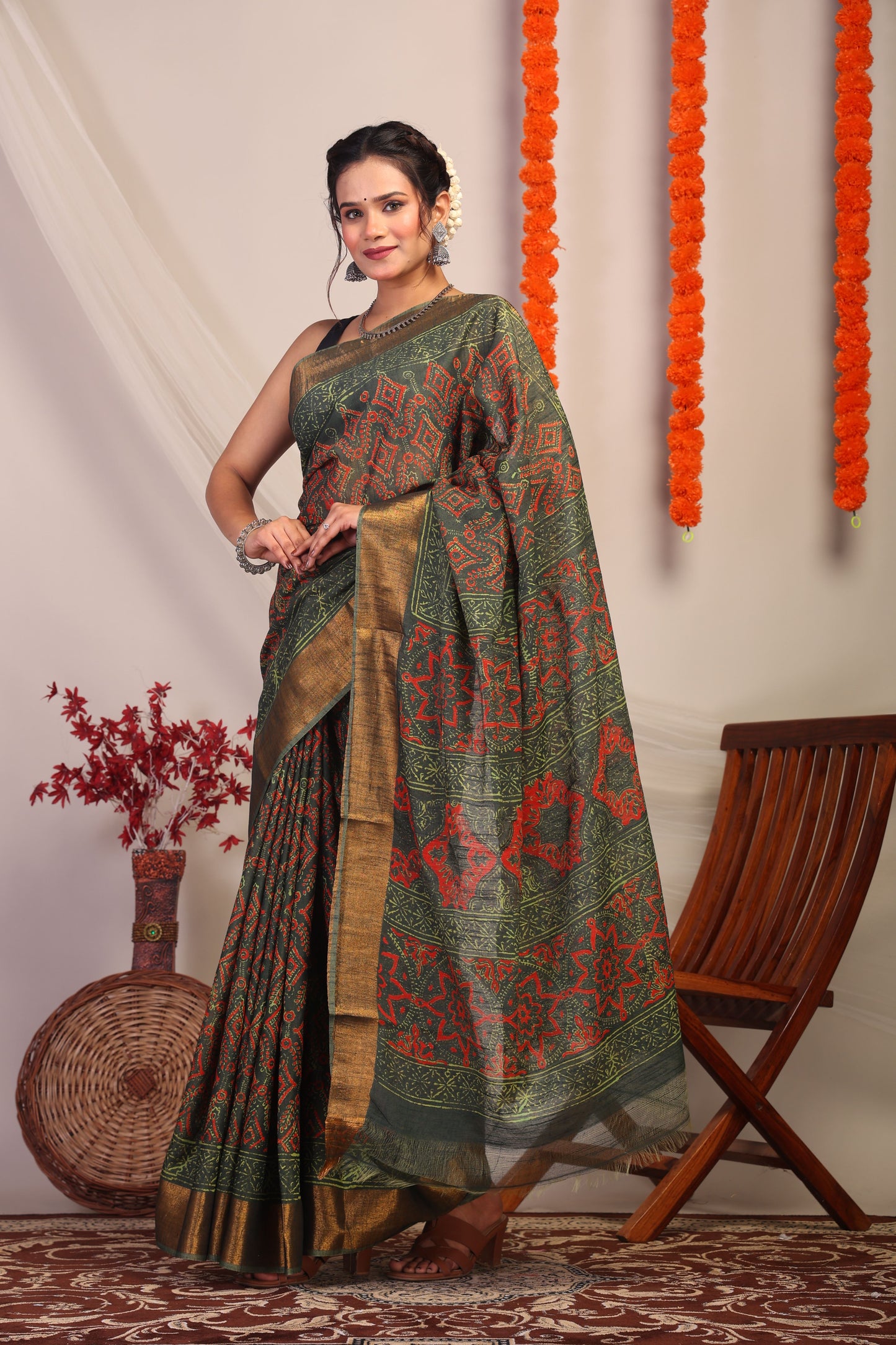 Anuttara Bhagalpuri Green Cotton Silk Tribal Saree with Unstitched Blouse_AFS1174-FS