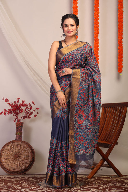 Anuttara Bhagalpuri Navy Blue Cotton Silk Zig-Zag/Ajrakh Saree with Unstitched Blouse_AFS1177-FS