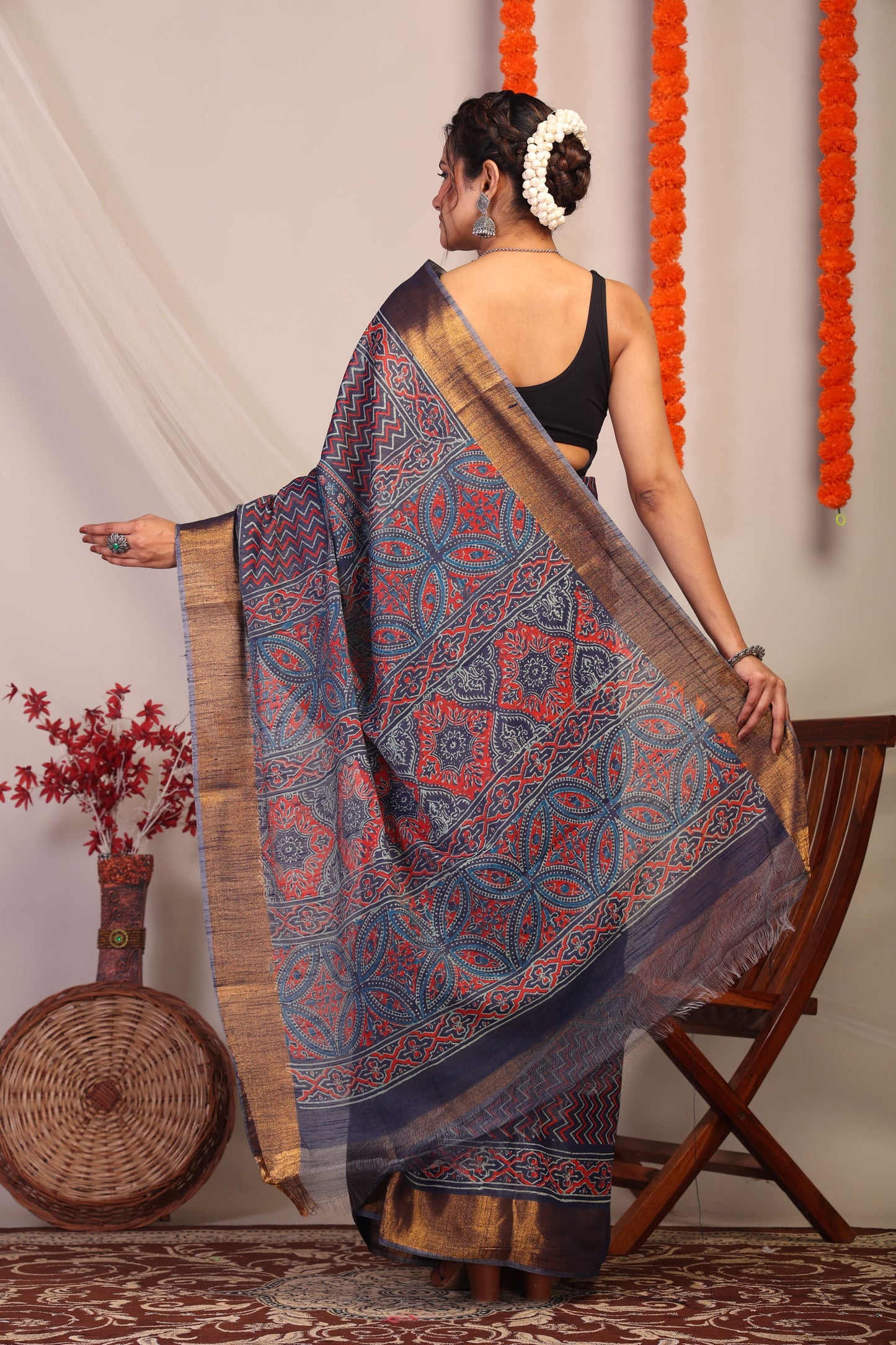 Anuttara Bhagalpuri Navy Blue Cotton Silk Zig-Zag/Ajrakh Saree with Unstitched Blouse_AFS1177-FS